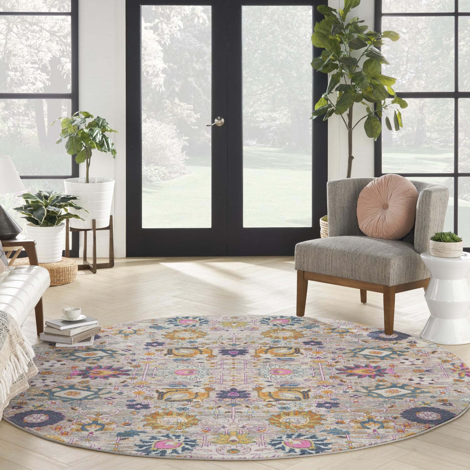 Nourison Passion Silver 8' Round Boho Moroccan Area Rug - Non-Shedding & Easy to Clean - Perfect for Bedroom, Living Room, Dining Room & Kitchen Decor