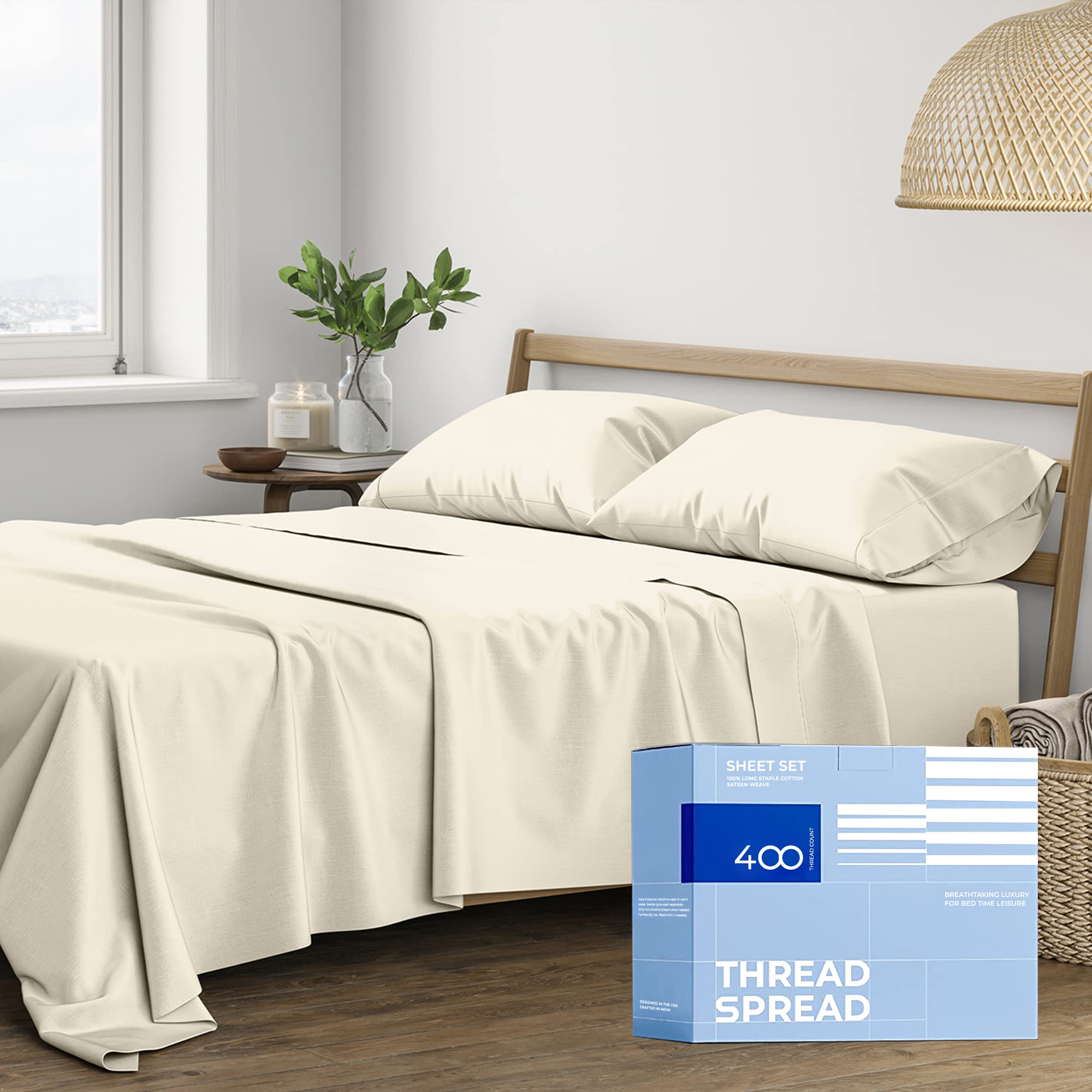 THREAD SPREAD Twin XL Cotton Sheet Set - 400 Thread Count 100% Breathable Cotton, 3-Piece Luxury Sateen Sheets with 16