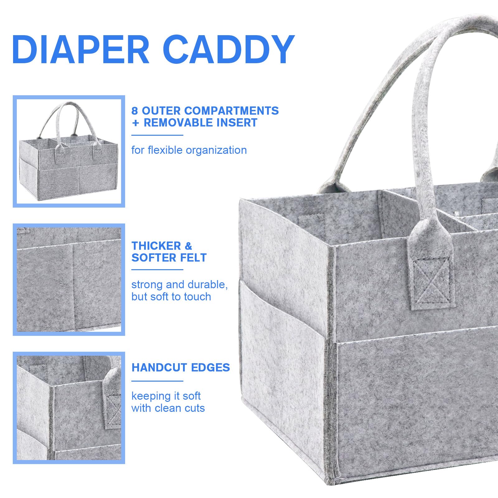 Grey Felt Baby Diaper Caddy Organizer - Portable Nursery Storage for Wipes, Diapers & Baby Essentials - Perfect for Nursery, Baby Shower Gift & On-the-Go Parents (Grey)