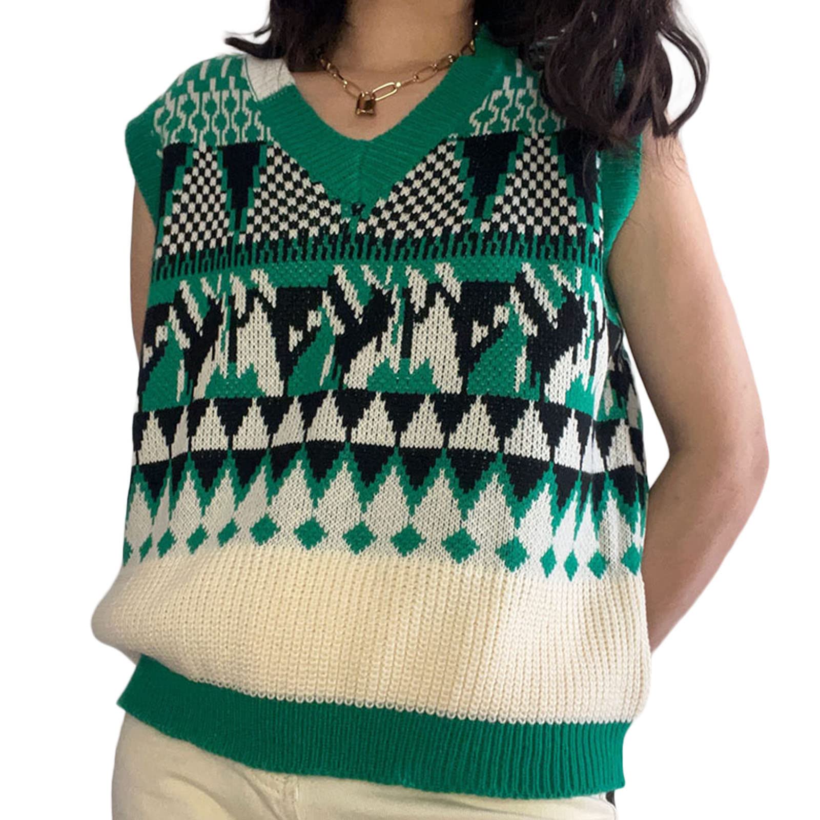 Women's Vintage Knit Vest Sleeveless V-Neck Argyle Loose Sweater - Preppy Style Y2K Streetwear Harajuku Knitwear for Casual Outfits & Layering