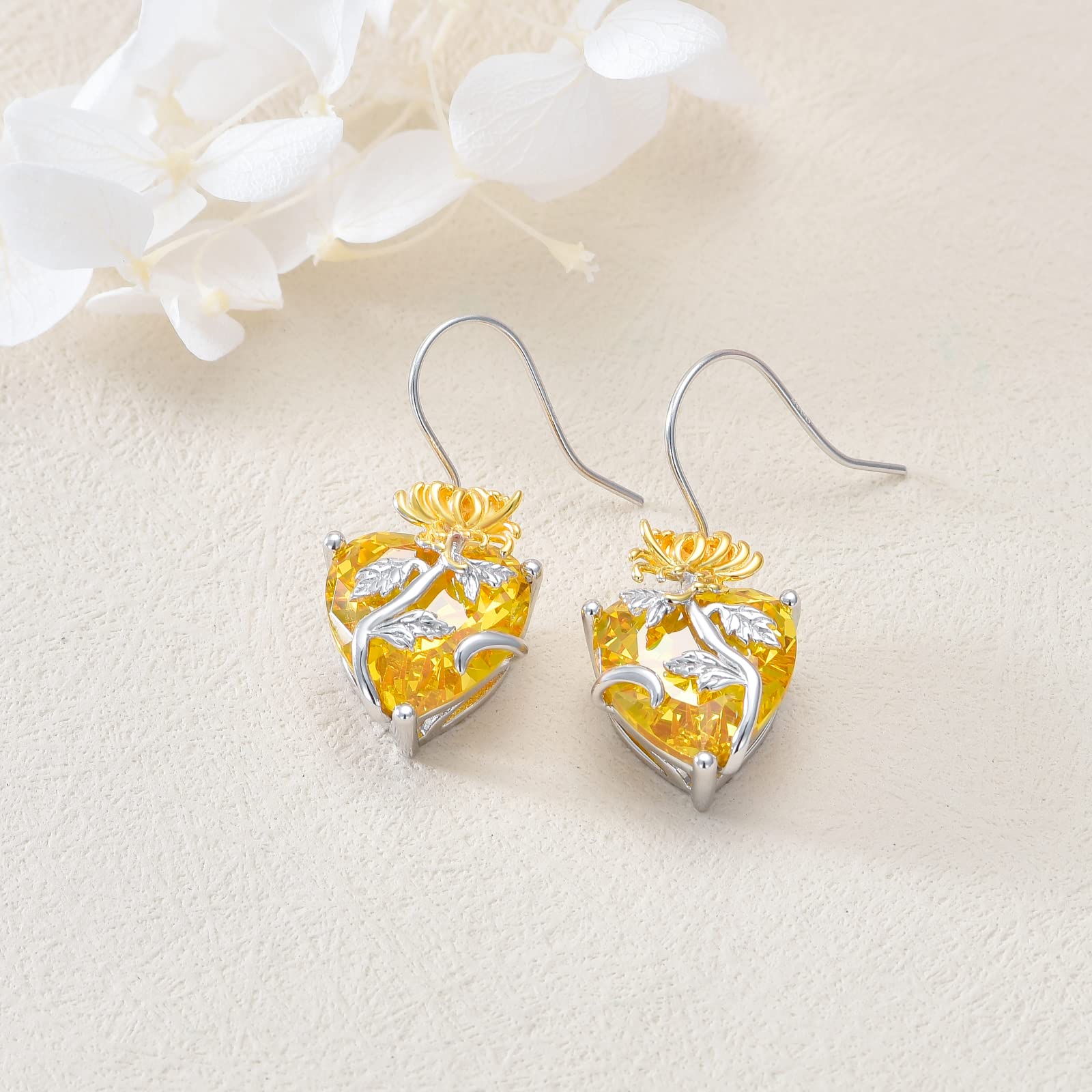 TOUPOP Sterling Silver Birth Month Flower Drop Earrings for Women - Crystal Dangle Heart Earrings, Birthday Jewelry Gifts for Girls & Women | Perfect for Valentine's Day, Mother's Day & Special Occasions