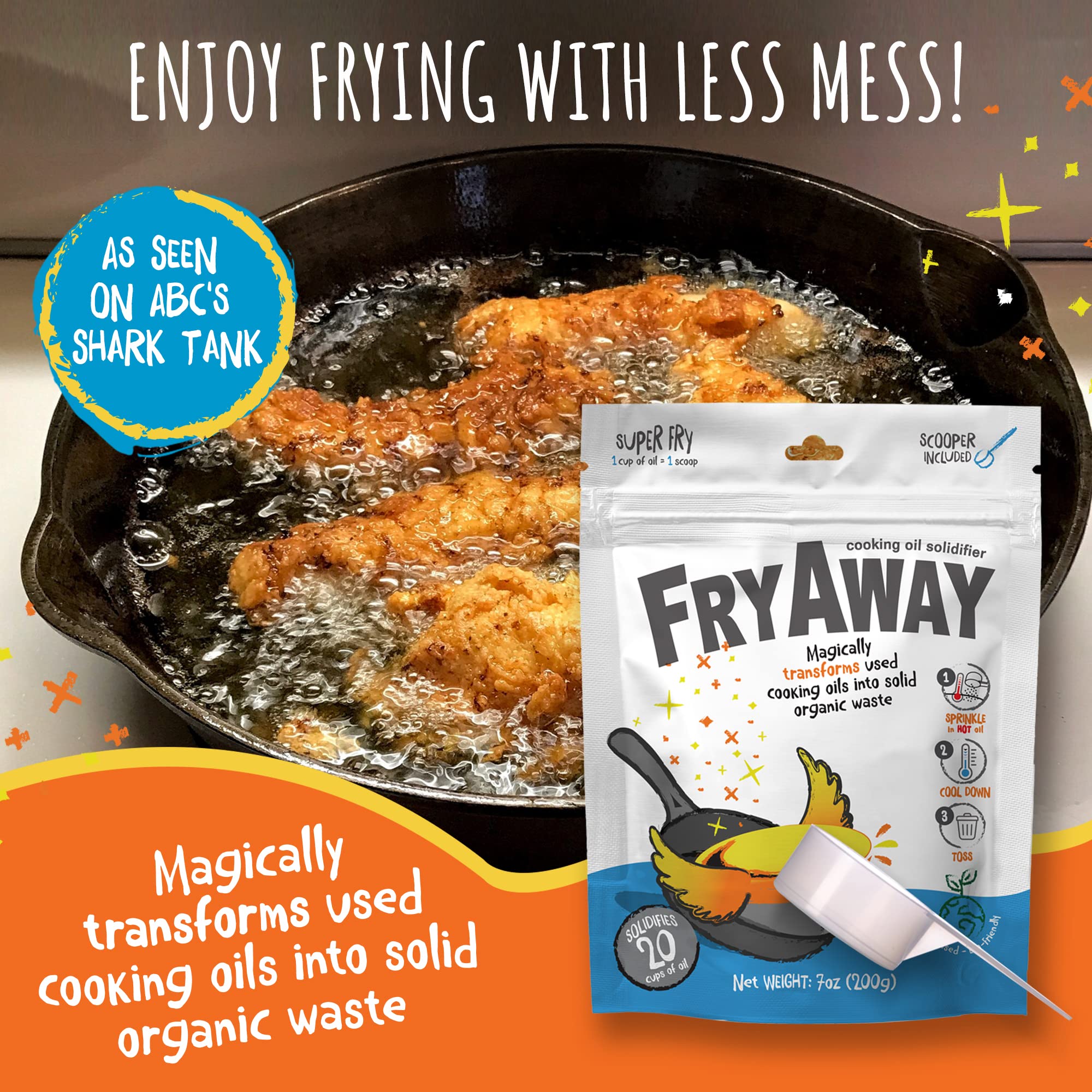 FryAway Super Fry Cooking Oil Solidifier - Plant-Based Powder, 3-Pack (Solidifies 4.5 Gallons) - Easy Mess-Free Oil Cleanup & Disposal - Made in USA - Perfect for Deep Frying, Restaurant Use & Home Kitchen Waste Management