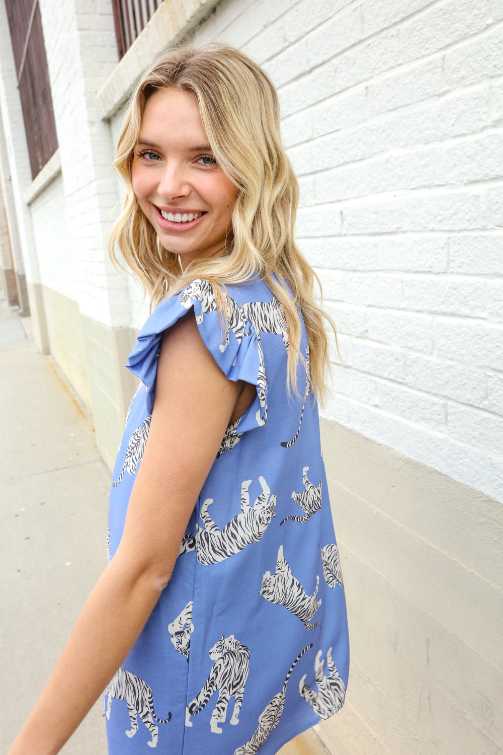 Blue Tiger Print Short Frill Sleeve Knit Top for Women - Stylish Casual Summer Blouse for Outing, Dating & Vacation