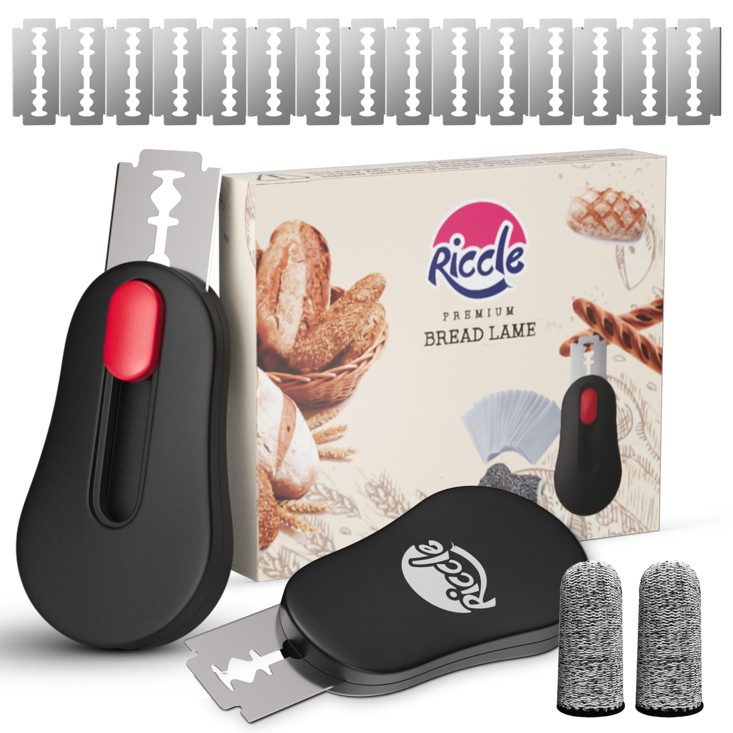 RICCLE Professional Magnetic Bread Lame Dough Scoring Tool Kit - 15 Stainless Steel Blades & 2 Cut-Resistant Finger Cots for Perfect Sourdough Bread Baking | Ideal for Home Bakers & Artisan Bread Making