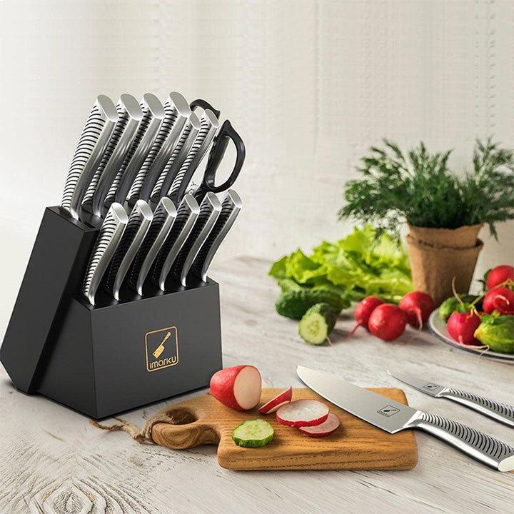 3-Piece Cast Iron Fry Pan Set & 14-Piece Stainless Steel Knife Set Bundle - Perfect for Home Cooking, BBQ, and Professional Kitchen Use