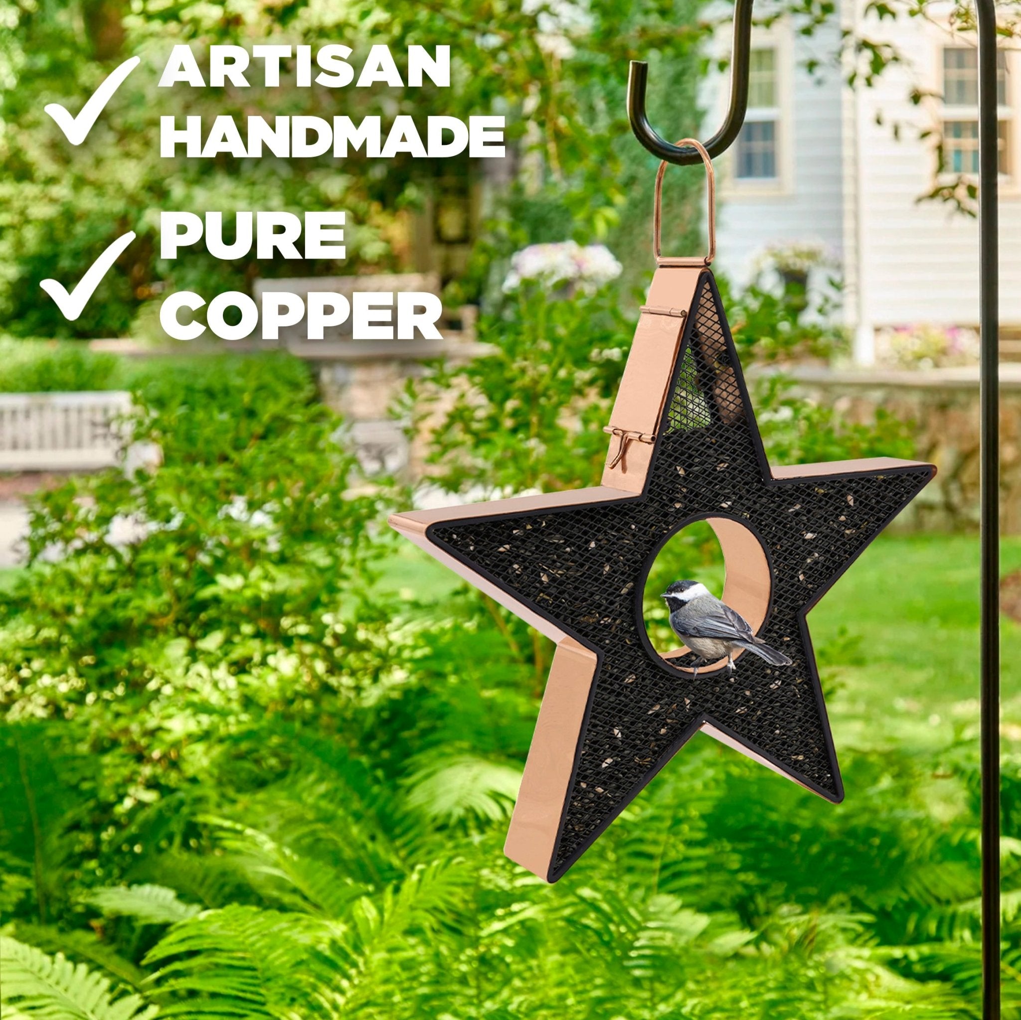 Star Fly Thru™ Copper Bird Feeder with Mesh Panels - Attract Wild Birds to Your Garden, Patio or Backyard - Perfect for Outdoor Bird Watching & Nature Lovers
