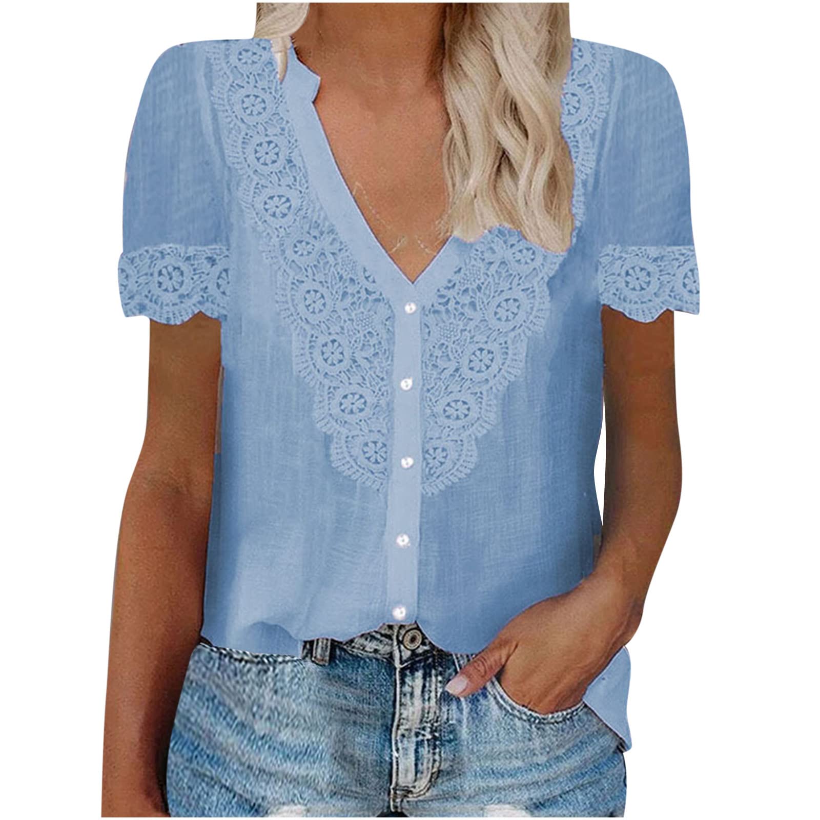 Women's Summer V-Neck Lace Patchwork Tops - Casual Short Sleeve Blouses for Work, Date & Vacation | Breathable & Stylish