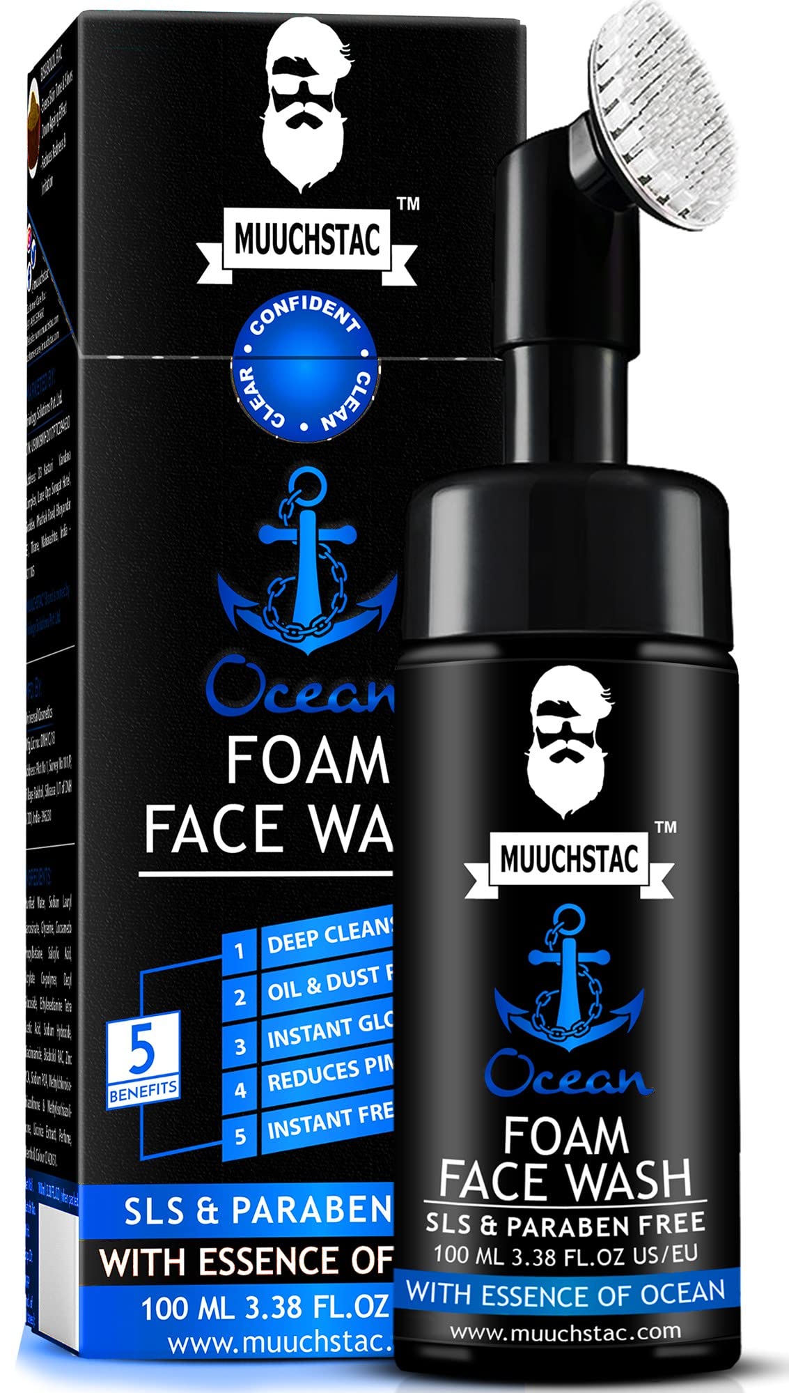 Muuchstac Ocean Foam Face Wash for Men - Acne Treatment & Oil Control Cleanser | Brightens Skin, Removes Dirt & Impurities | Refreshing Multi-Action Formula (100ml) | Perfect for Daily Skincare Routine & Travel