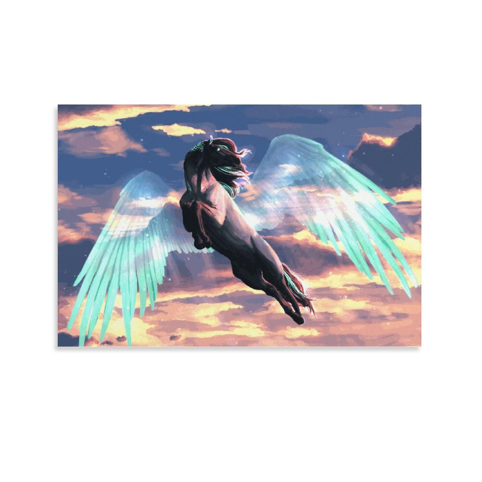Pegasus Horse Wings Takeoff Sunrise Sunset Fire Cloud Fantasy Canvas Wall Art - 08x12inch (20x30cm) - Perfect for Bedroom, Living Room & Office Decor
