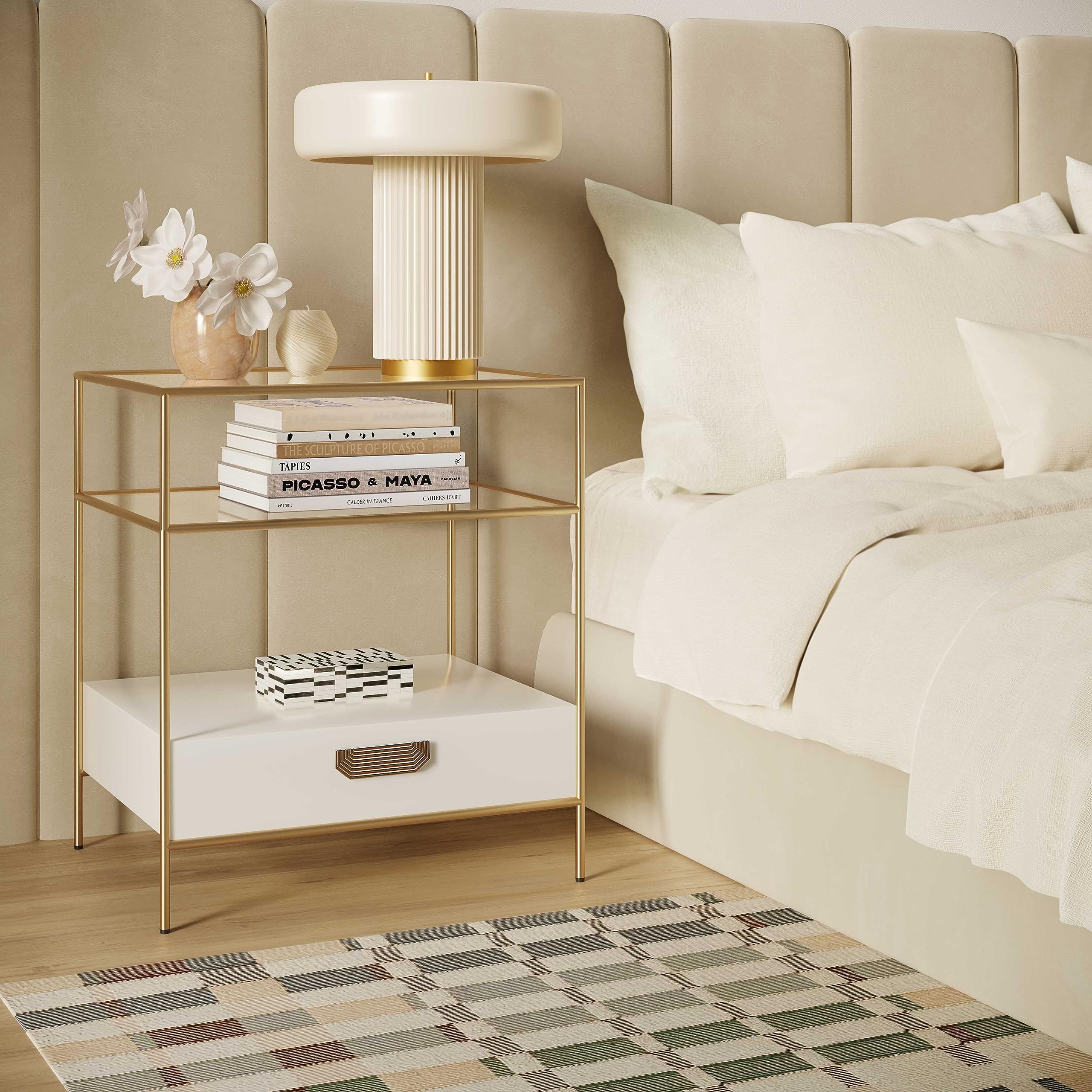 Tov Furniture Darla Cream Glass Nightstand - Modern Bedside Table with Storage Drawer for Bedroom, Living Room, or Guest Room