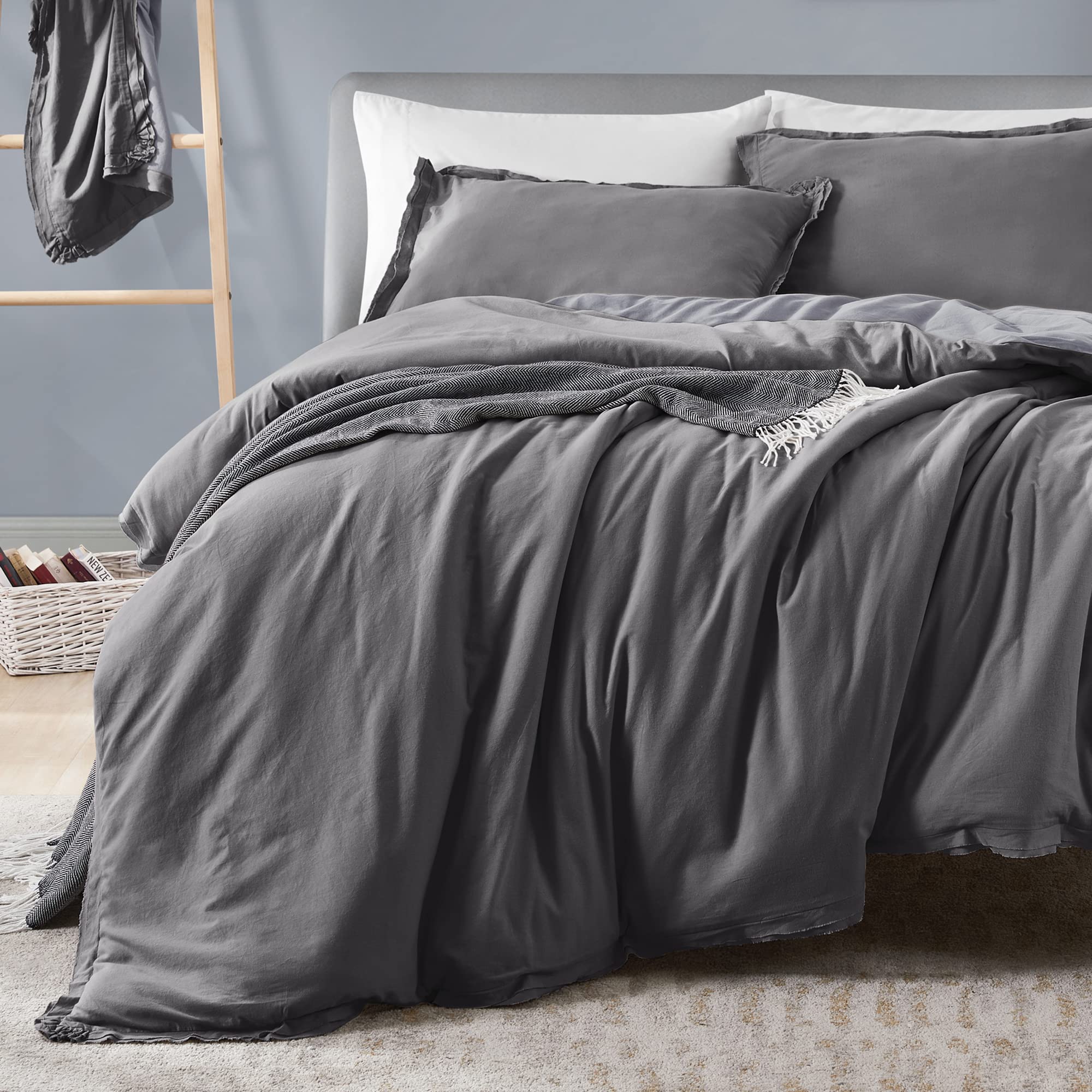 SHALALA 100% Cotton Comforter Set - Full/Queen Size, Ultra Soft & Breathable All-Season Bedding, 3-Piece Set (Deep Grey/Light Grey) - Perfect for Cozy Nights & Guest Room Decor