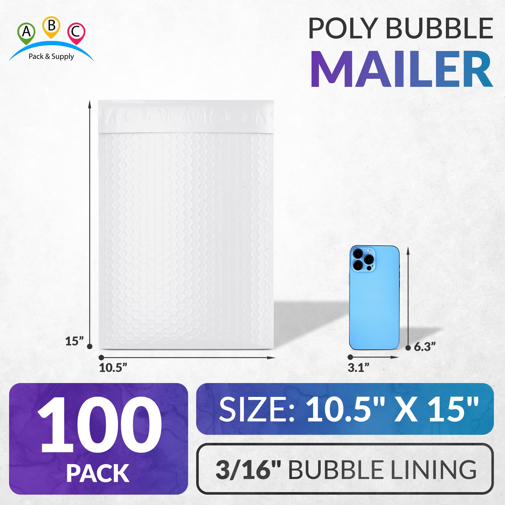 ABC PACK & SUPPLY 10.5x15 Inch Poly Bubble Mailers - 100 Pack White Self-Seal Padded Envelopes | Tear-Resistant & Waterproof Shipping Packaging for Small Business | Ideal for Books, Gifts, Ecommerce & Online Store Shipping