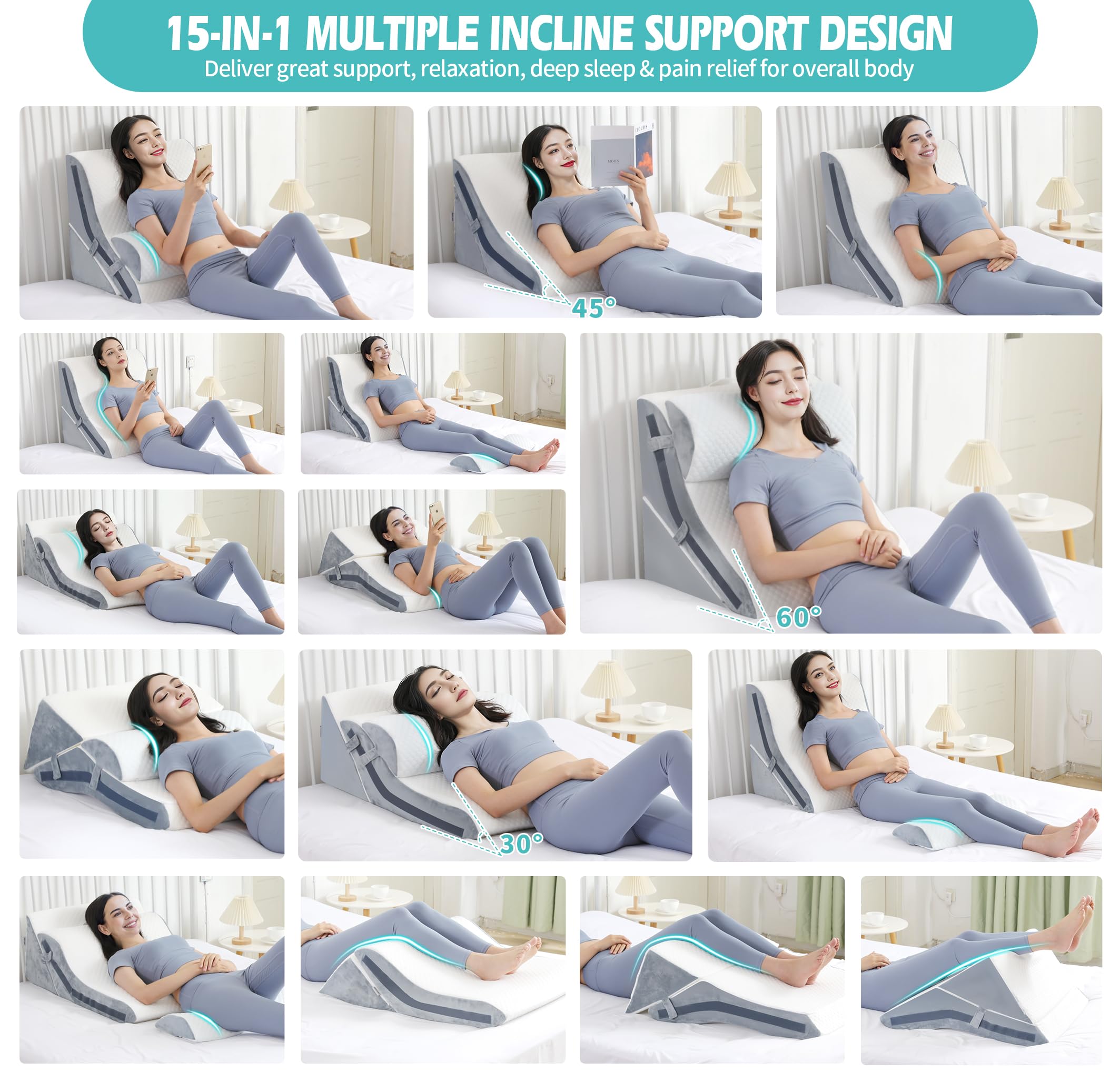 **Orthopedic Wedge Pillow Set for Sleeping & Post-Surgery Recovery - 3PCS Adjustable Memory Foam Bed Wedge (9/16/20 Inches) - Ideal for Acid Reflux, Snoring, Back Pain & Reading in Bed**