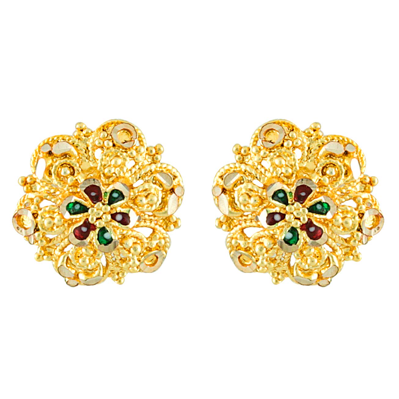 MEENAZ 18k Gold Plated Ruby Meenakari Stud Earrings for Women - Traditional South Indian Temple Jewelry Set with Screw Back Hoops & Bali Designs - Perfect for Weddings, Festivals & Ethnic Fashion