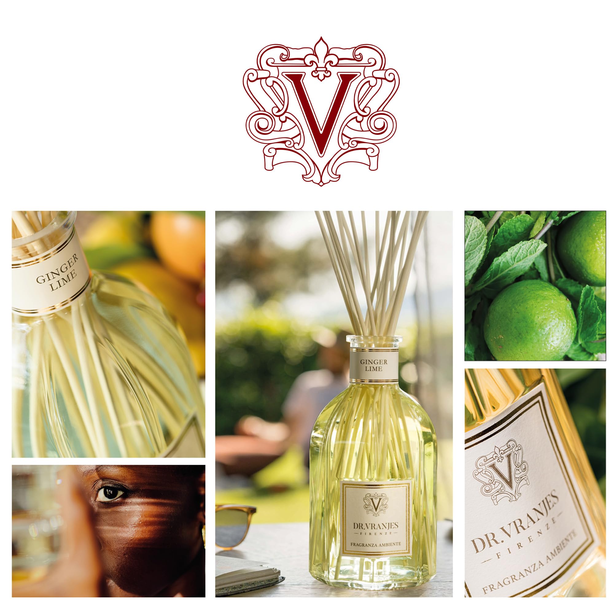 Premium Dr. Vranjes Ginger Lime 1250ml Reed Diffuser Set with 3 White Rattan Sticks - Italian Luxury Home Fragrance, Fruity Scent with Notes of Lime, Ginger & White Pepper - Perfect for Living Room, Bedroom & Office Decor
