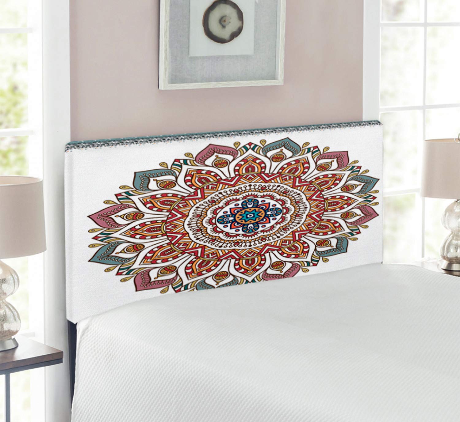 Ambesonne Mandala Headboard - Floral Bohemian Damask Upholstered Metal Bed Frame with Memory Foam, Twin Size, Multicolor Vintage Design for Bedroom Decor | Perfect for Bohemian, Oriental & Eclectic Home Styles