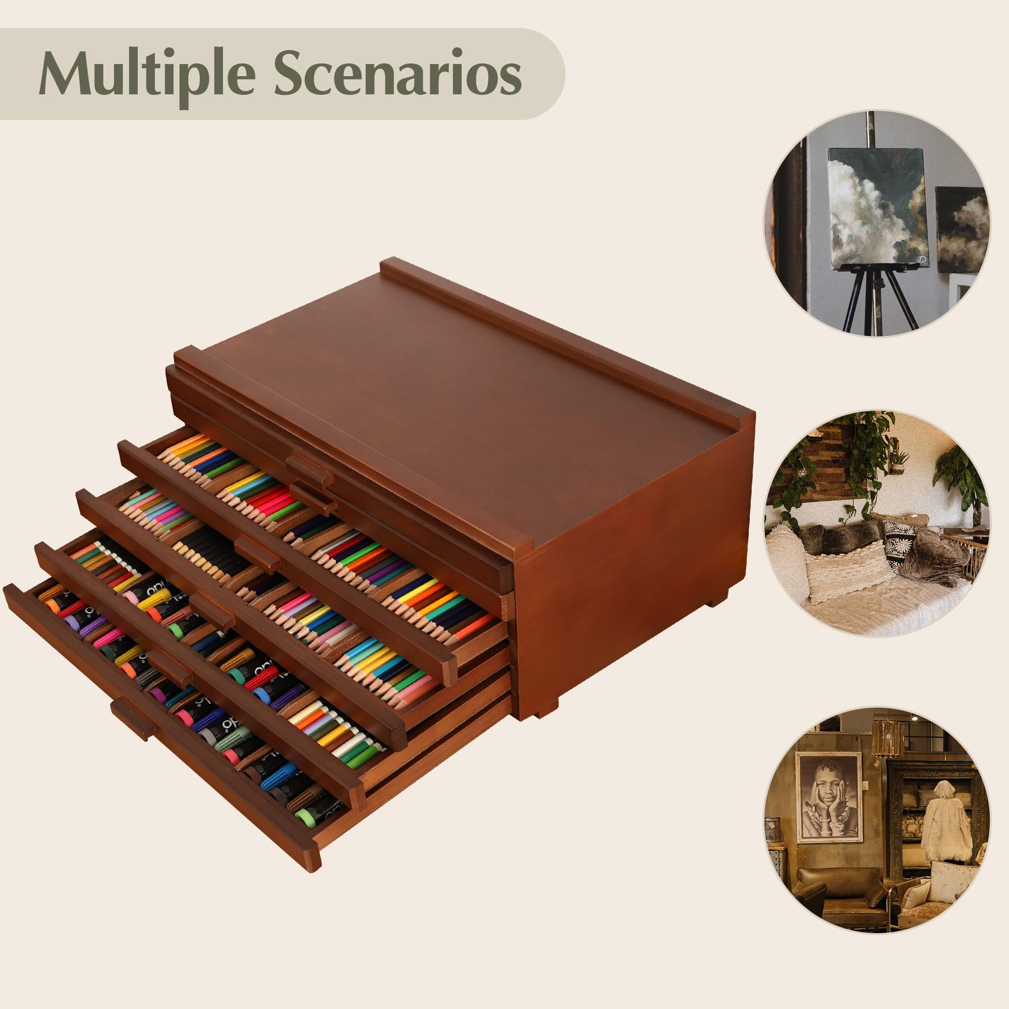 VISWIN Upgraded 6-Drawer Wooden Art Supply Organizer - Premium Beechwood Storage Box with Removable Dividers for Paints, Markers, Pencils, Pens & Brushes | Portable Artist Tool Box for Studio, Classroom & Home Craft Organization