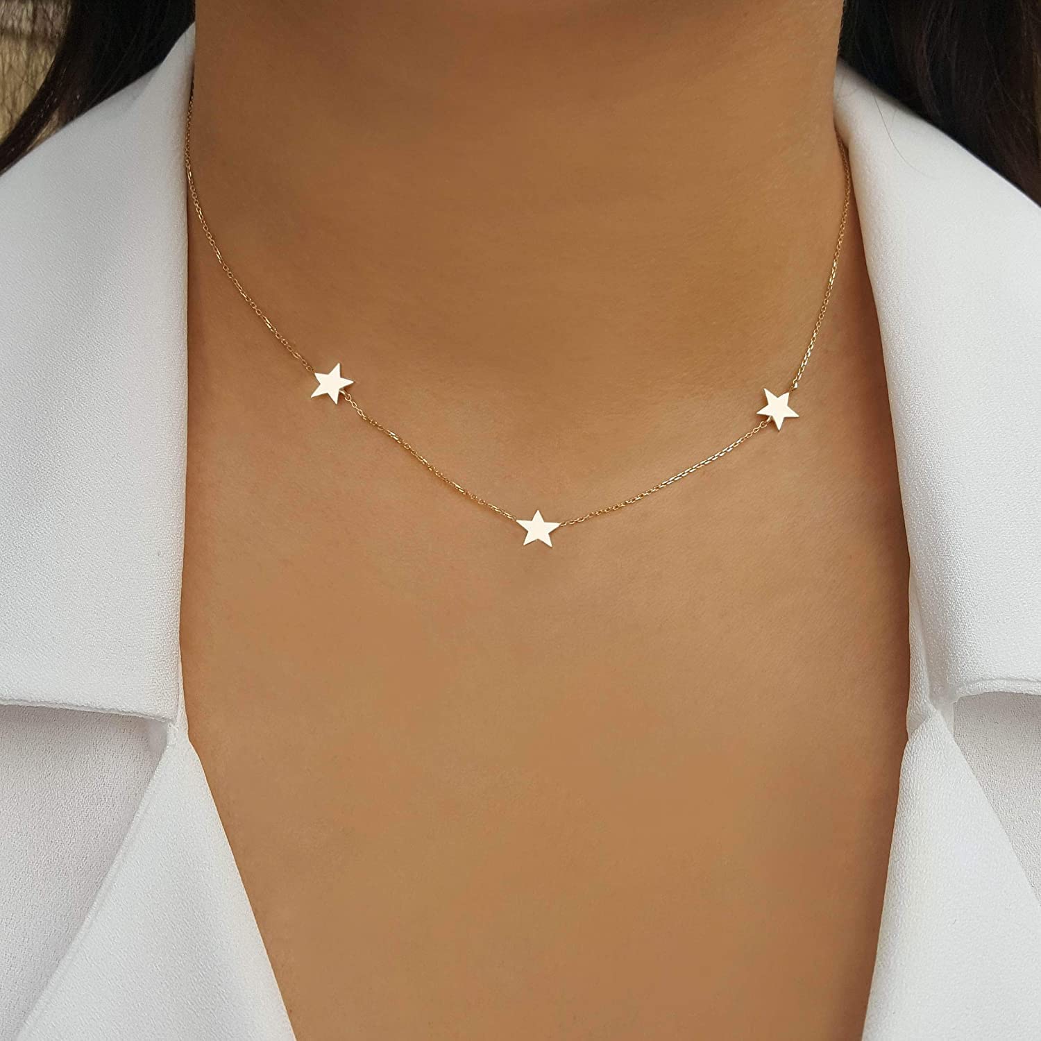 14K Gold Triple Star Layering Necklace - Personalized Engraved Initials, Letters & Numbers - Dainty Sideways Charm Necklace for Women - Perfect for Everyday Wear, Gift Giving & Special Occasions