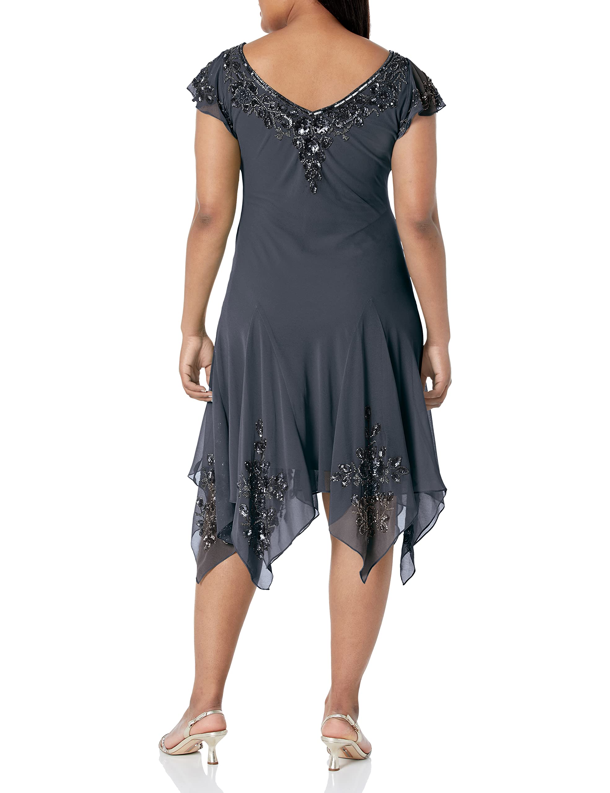 J Kara Women's Plus Size Petite Flutter Sleeve Hanky Hem Short Cocktail Beaded Dress - Elegant Party Wear for Weddings, Date Nights & Special Occasions