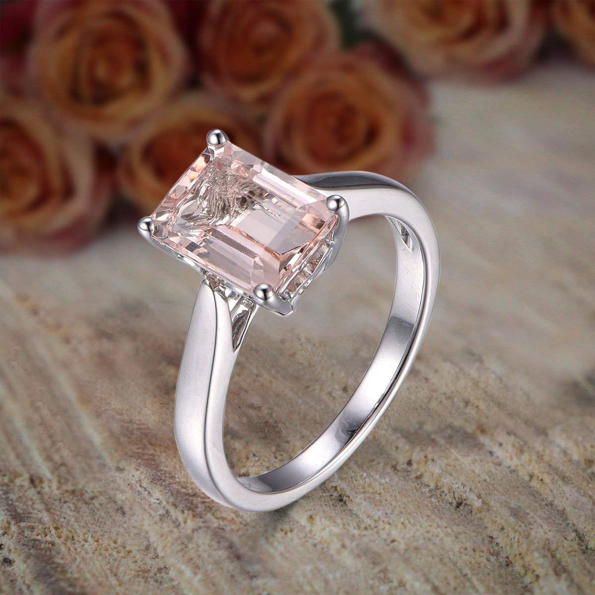 1.00 Carat Designer Emerald Cut Peachy Pink Morganite Engagement Ring - 18k Gold Plated - Perfect for Proposals, Anniversaries & Special Occasions
