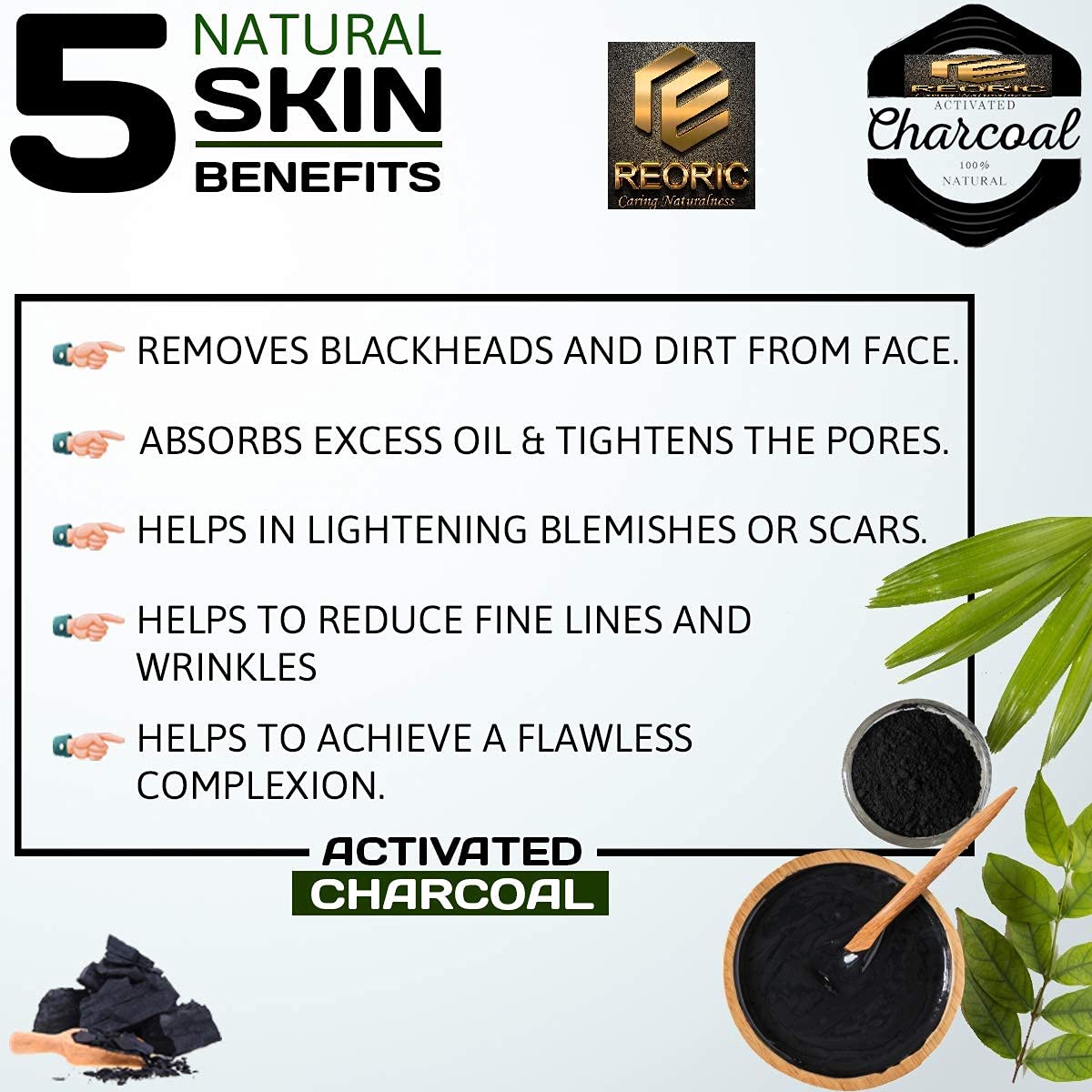Reoric Activated Charcoal Powder for Face Mask - 100% Natural Coconut Charcoal Face Pack (100g) | Deep Cleansing, Blackhead Removal & Skin Detox | Perfect for Spa Day, Acne Treatment & Skincare Routine