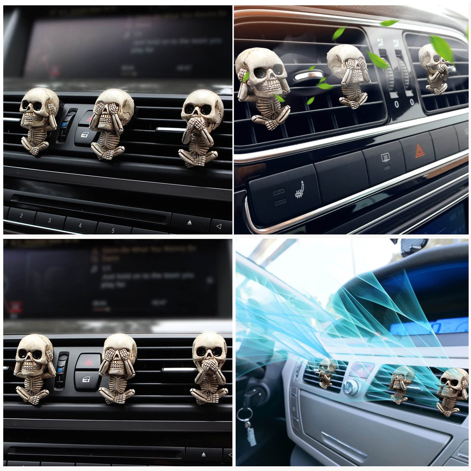 3 Pack Skull Car Fragrance Diffuser - Human Body Skeleton Aromatherapy Vent Clips, Resin Car Interior Decor for Men & Women, Perfect for Halloween, Birthday Gifts, and Everyday Car Freshening