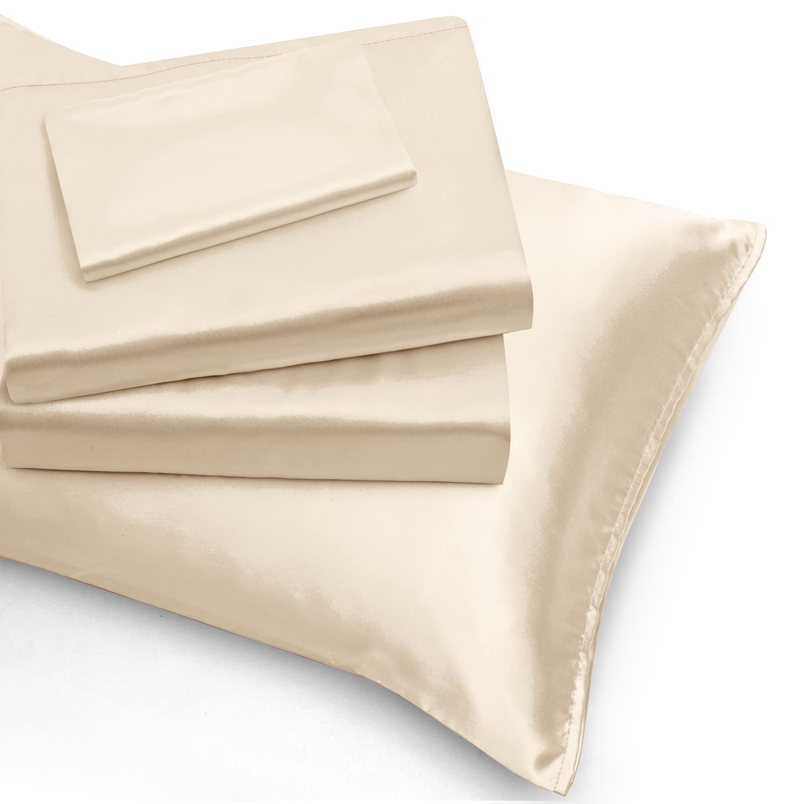 Luxury 4-Piece Satin Sheet Set Queen Size - 1 Fitted Sheet, 1 Flat Sheet & 2 Pillowcases - Cooling Silky Soft Satin Bedding in Khaki | Perfect for Hot Sleepers, Master Bedroom Upgrade & Hotel-Style Comfort