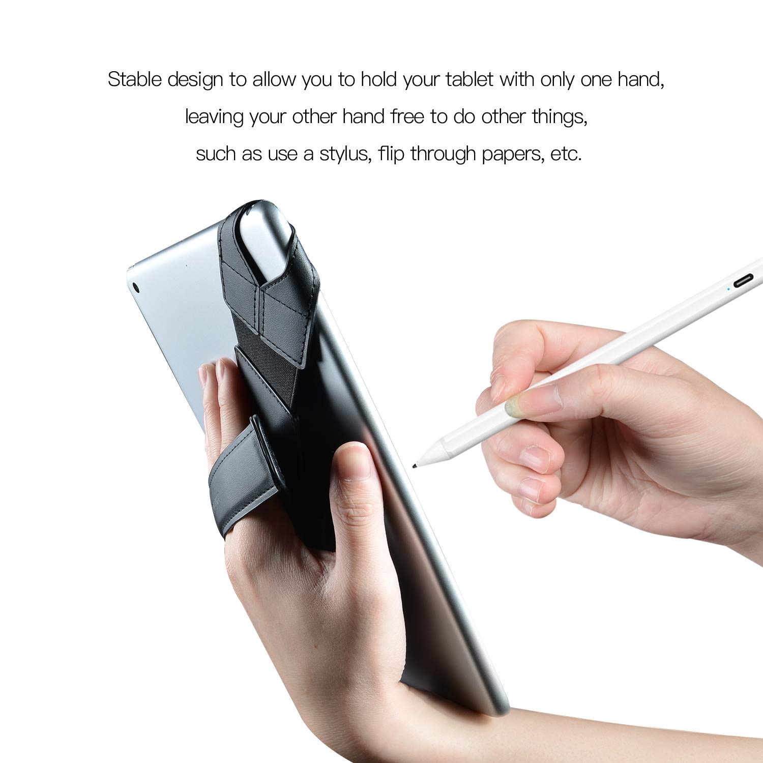 360° Swivel Leather iPad Hand Strap with Pen Loop & Elastic Belt - Compatible with 10.1
