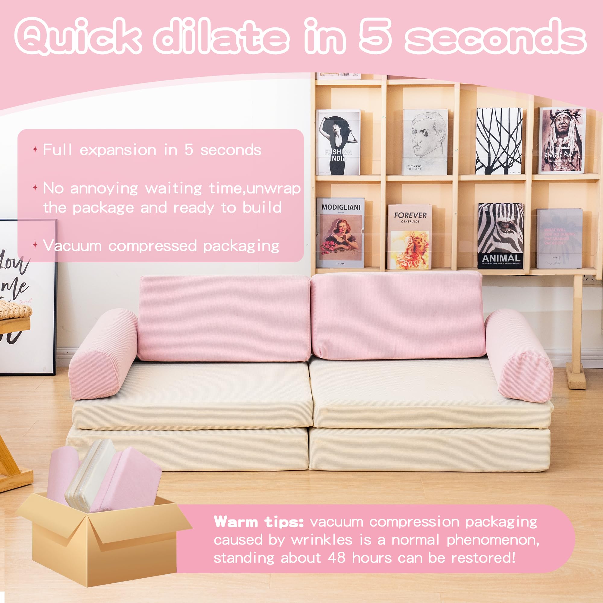 Modular Kids Play Couch - 5 Second Instant Expansion Corduroy Sofa for Playroom (Pink & Beige) - Perfect for Indoor Playtime, Reading Nook & Toddler Relaxation