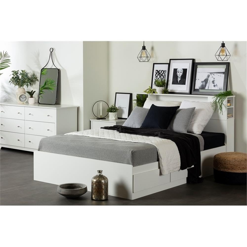 South Shore Vito Bookcase Headboard - Queen Size, Pure White Finish | Stylish Space-Saving Storage Solution for Bedrooms & Small Spaces