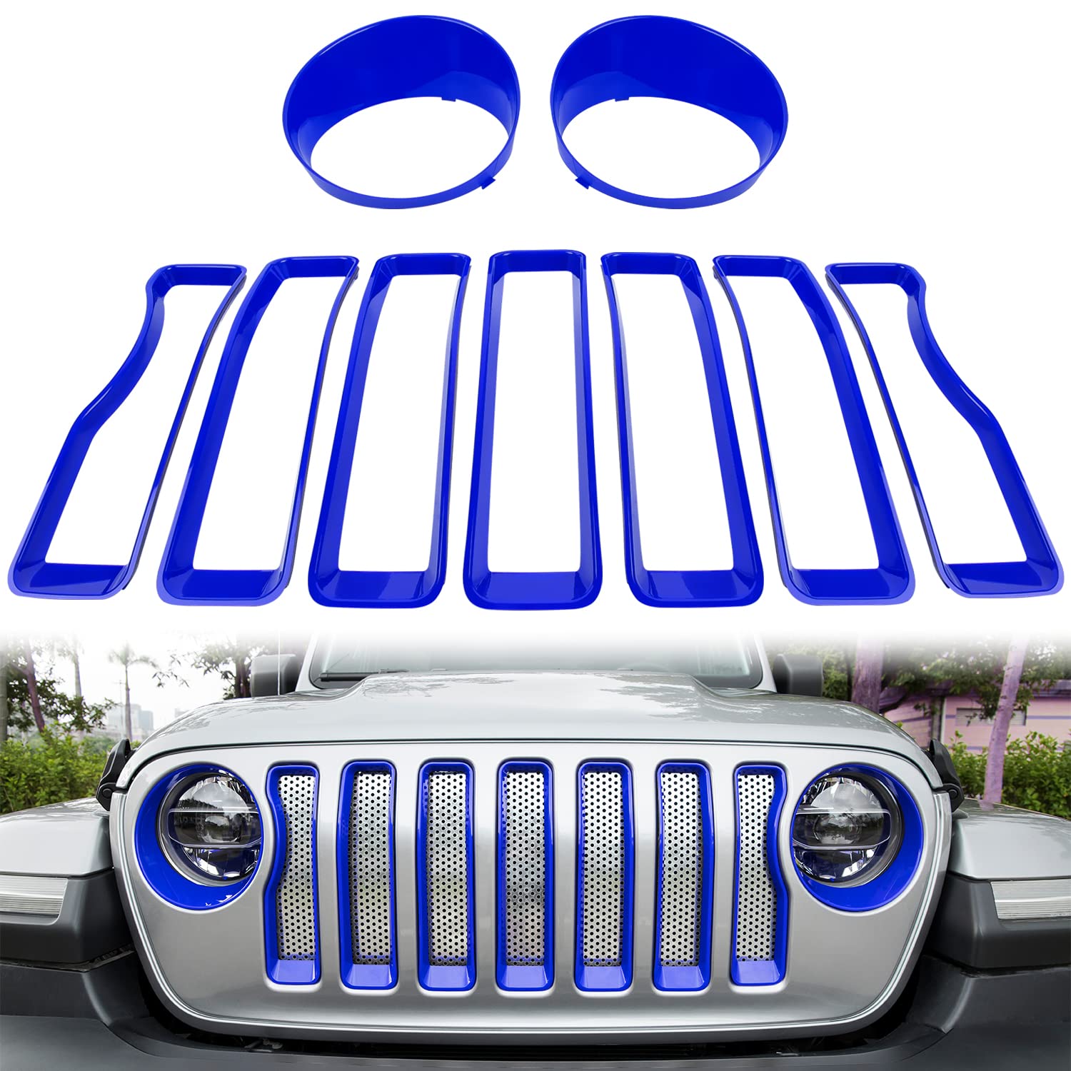 Bonbo Mesh Grille Grill Insert & Headlight Turn Signal Cover Trim - Exterior Accessories for 2018-2023 Jeep Wrangler JL Sport (Blue) | Off-Road Protection & Stylish Upgrade