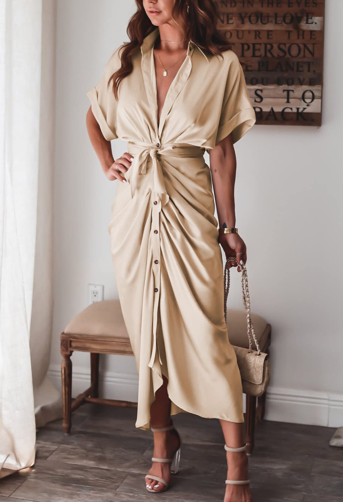 Elegant Women's Satin Button Down Short Sleeve Maxi Shirt Dress with Belt - Perfect for Summer Outfits, Beach Cover Up & Casual Office Wear