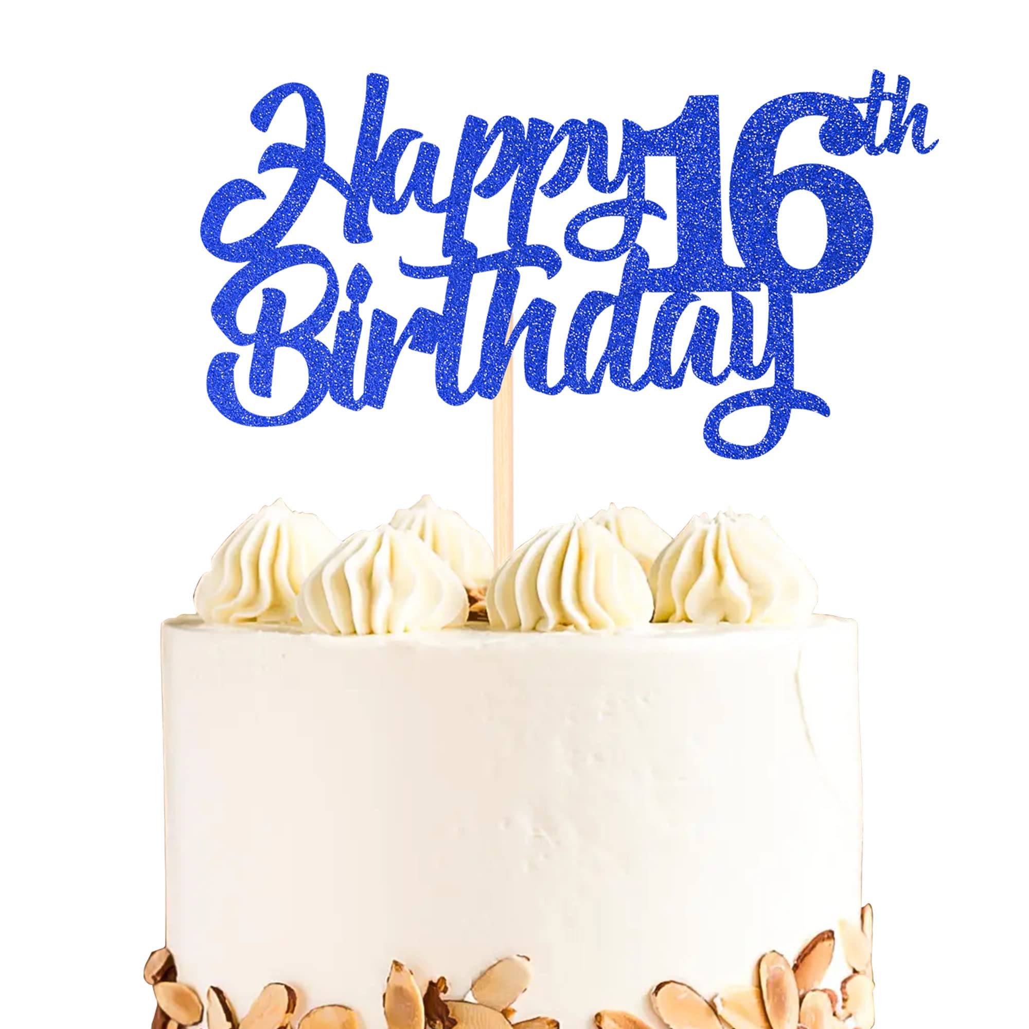 1 Pack Happy 16th Birthday Cake Topper - Glitter 'Cheers to 16 Years' Cake Picks - Sixteen Fabulous Blue Cake Decorations for Sweet 16 Birthday Party Supplies - Perfect for Teen Birthday Cakes, Milestone Celebrations & Theme Parties