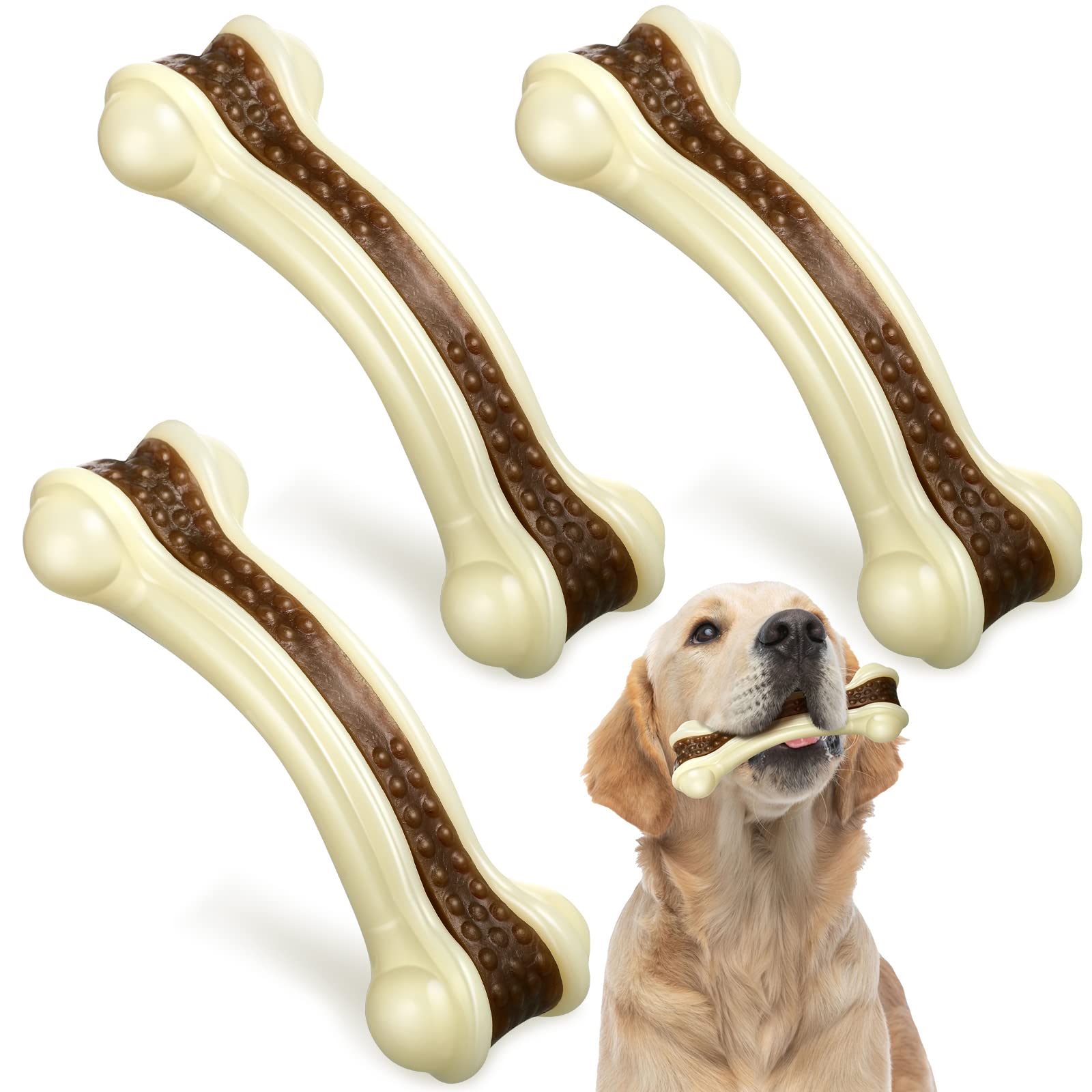 **Sosation 3 Pack Durable Nylon Dog Chew Toys for Aggressive Chewers - Beef Flavor Puppy Teething Bones for Small, Medium & Large Breeds (Medium, Curved Bone) - Perfect for Teething, Boredom Relief & Dental Health**