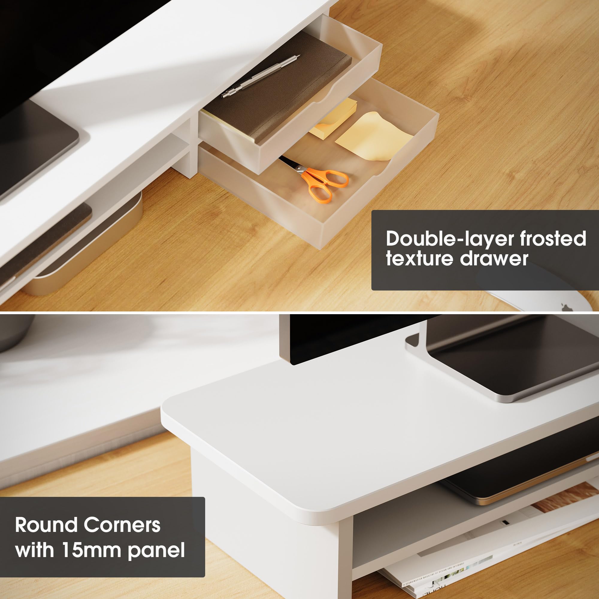 FENGE Dual Monitor Stand Riser with Storage Drawers - 2 Tier Wood & Acrylic Desktop Organizer for Computer, Laptop, Printer, TV - Space Saving Home Office Desk Accessory (White)