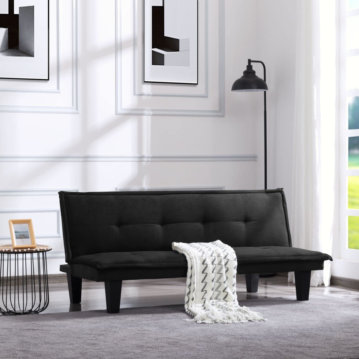 EMKK Modern Faux Suede Convertible Futon Sofa Bed - 3 Adjustable Positions, Foldable Recliner Couch for Small Spaces, Living Room & Apartment Furniture (Black) - Perfect for Guest Sleeping, Lounging & Space-Saving Solutions