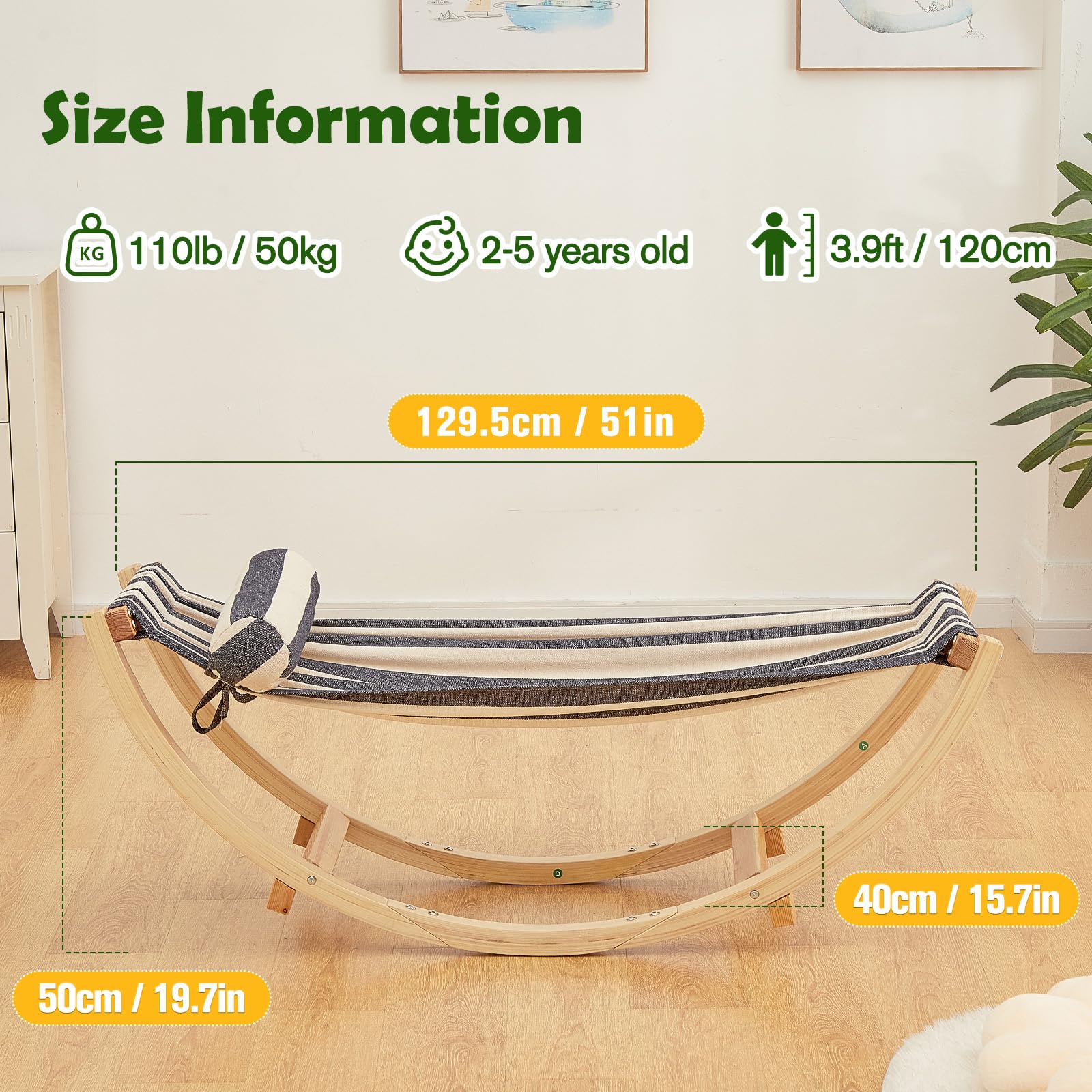 Premium Solid Wood Kids Rocking Chair for Toddlers 3-5 Years - CPC Certified 110lbs Capacity - Wider & Longer Hammock Chair with Stable Structure - Perfect for Nursery, Playroom & Outdoor Play