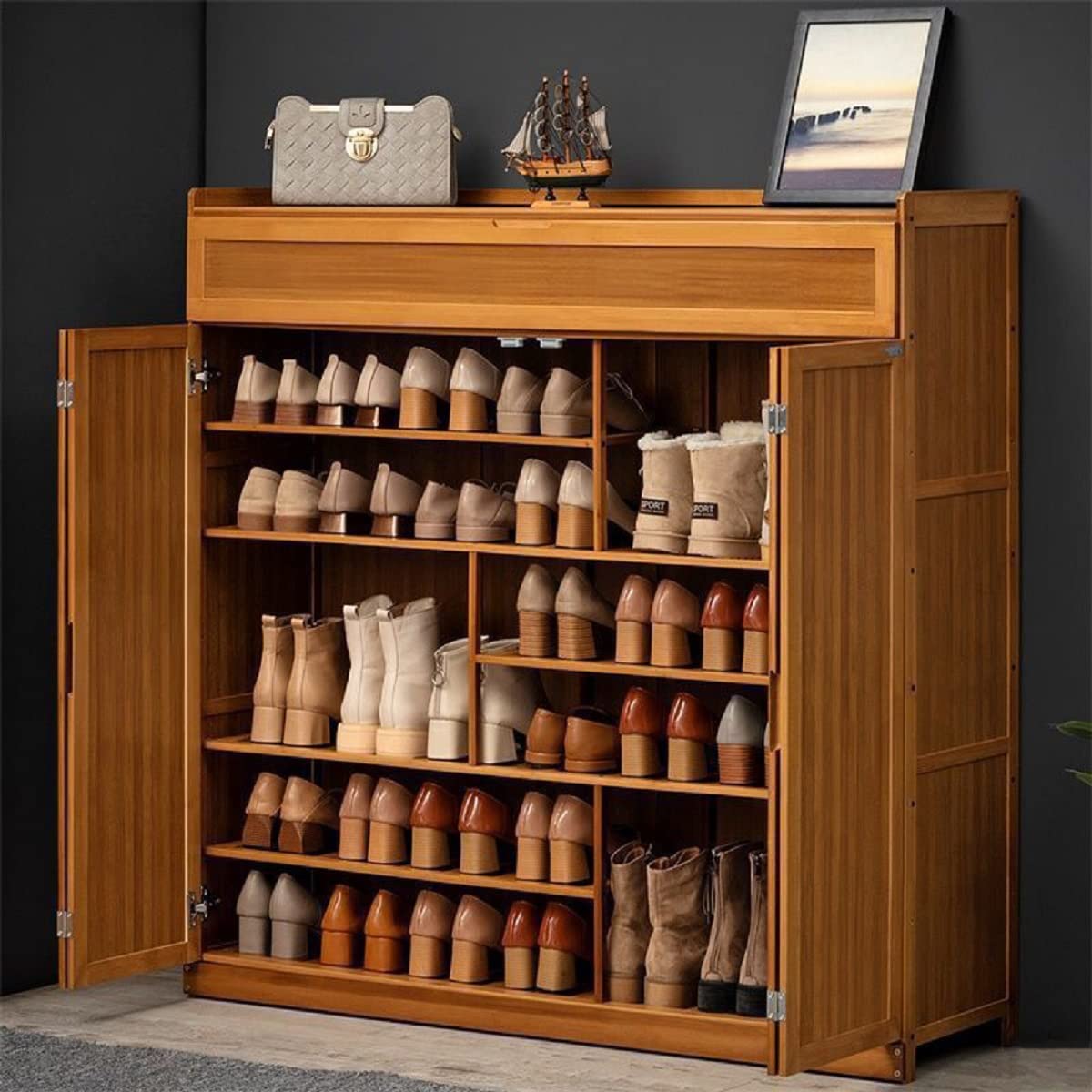 Gdrasuya10 7-Tier Bamboo Shoe Storage Cabinet with 2 Folding Doors - 46