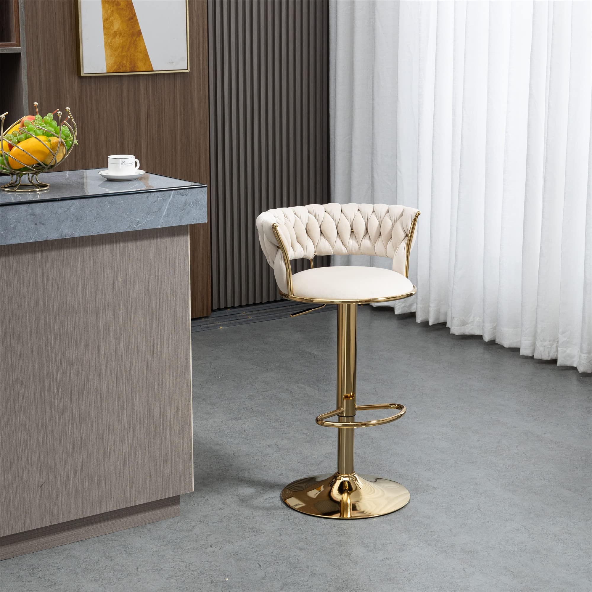 2 Pack Swivel Bar Stools - Velvet Adjustable Counter Height Kitchen Stools with Footrest for Breakfast Nook, Home Bar & Dining Room - Modern Ivory Counter Stools for Kitchen Island & Entertainment Areas