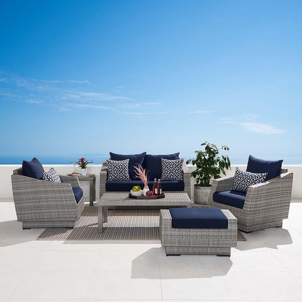 RST Brands Cannes 6-Piece Outdoor Patio Furniture Set - Sunbrella Fabric Loveseat & Club Chairs with Side Tables, Adjustable Feet & Fade-Resistant Cushions - Resin Wicker Conversation Set in Ginkgo Green for Backyard, Garden or Poolside Relaxation
