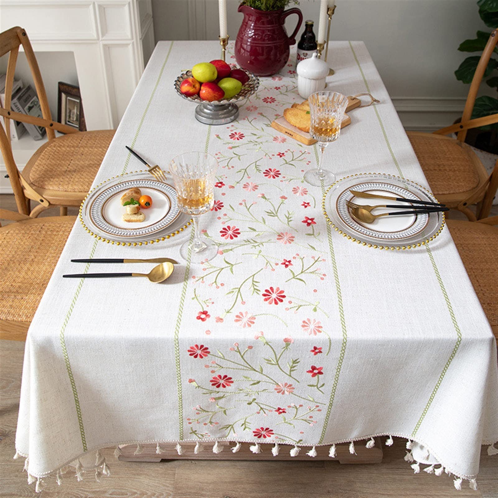 Embroidered Floral Rectangular Tablecloth - Nordic Cotton Dining Table Cover with Tassels for Wedding, Party, Indoor & Outdoor Use - Home Decor Table Mats for Everyday Dining and Special Occasions