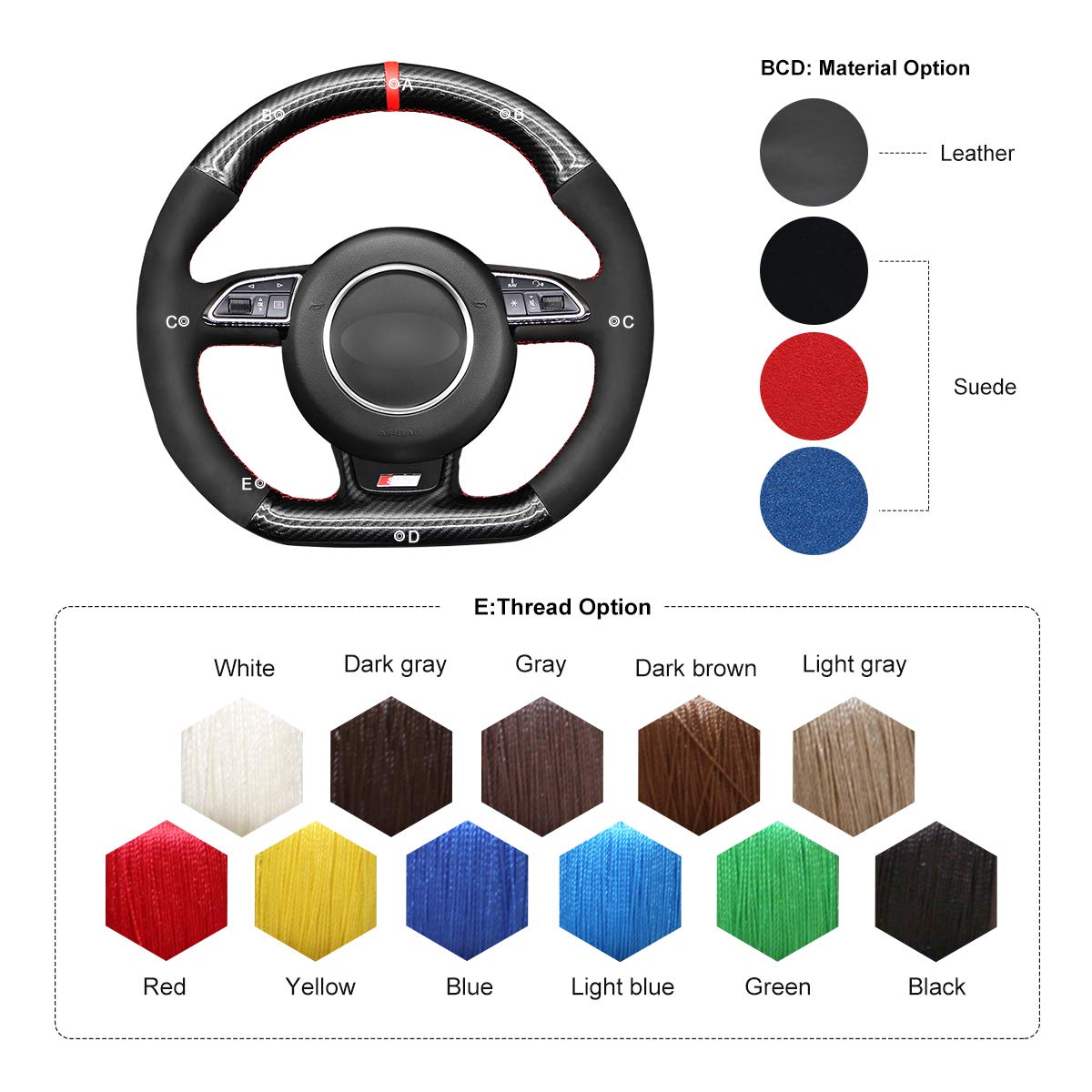 Premium Carbon Fiber & Suede Steering Wheel Cover for Audi A5/A7/RS5/RS7/S3/S4/S5/S6/S7 (2013+) - Hand-Stitched Luxury Upgrade for Enhanced Grip & Comfort - Perfect for Daily Driving & Performance Cars