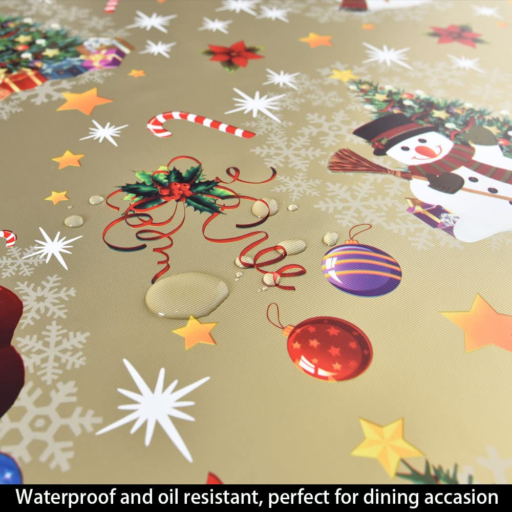 Premium Gold Vinyl Christmas Tablecloth with Snowman Design - 54'' x 72'' Rectangle Holiday Table Cover for Xmas Party Decorations | Perfect for Holiday Dinners, Family Gatherings & Festive Celebrations