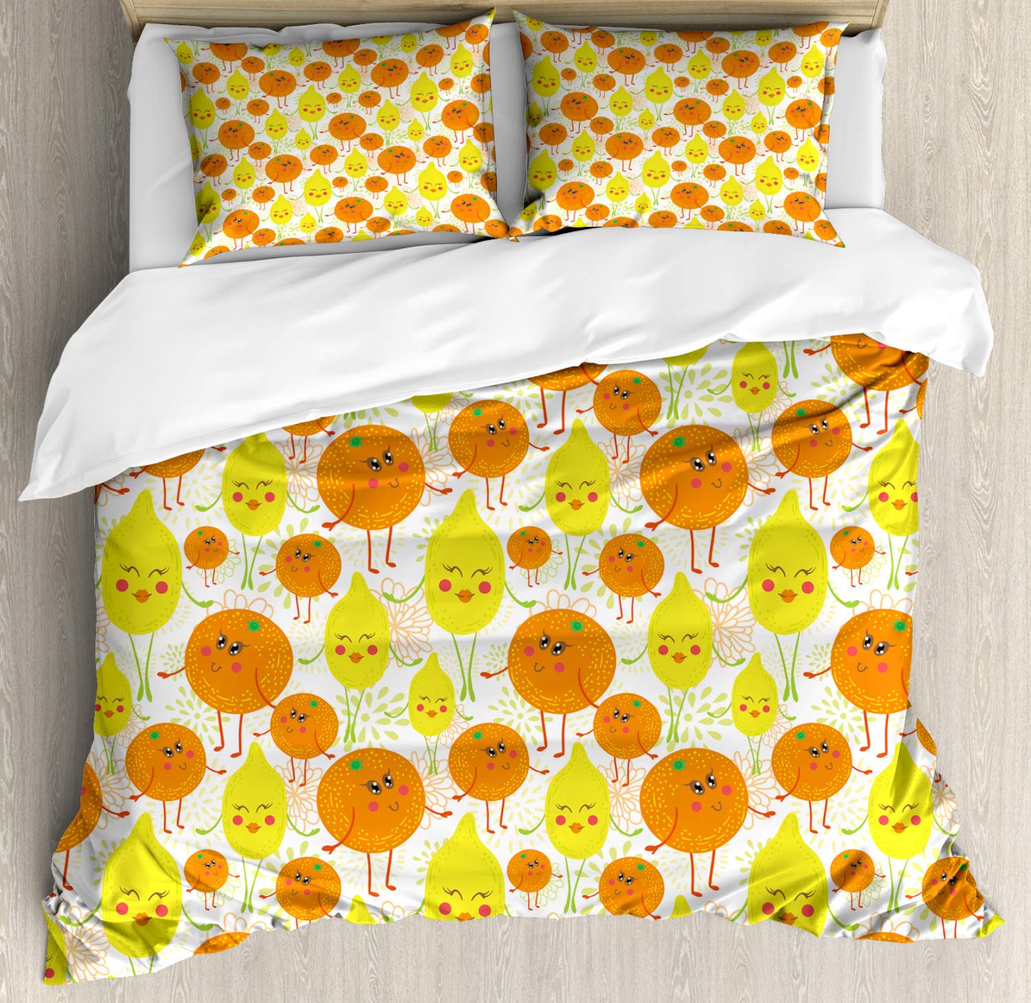 Ambesonne Tangerine Duvet Cover Set - Cheerful Lemon & Orange Floral Pattern 3-Piece Bedding (King Size) | Yellow, Orange & Lime Green | Perfect for Kids' Rooms, Nursery Decor & Vibrant Bedroom Makeovers