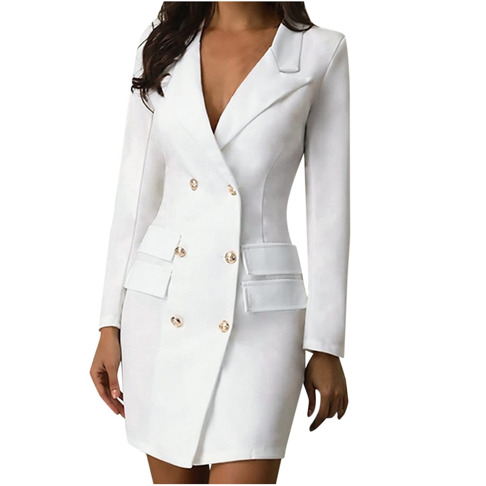 Women's Sexy V-Neck Long Sleeve Double Breasted Bodycon Midi Blazer Dress for Business & Professional Wear | Office Outfit, Cocktail Party, Date Night