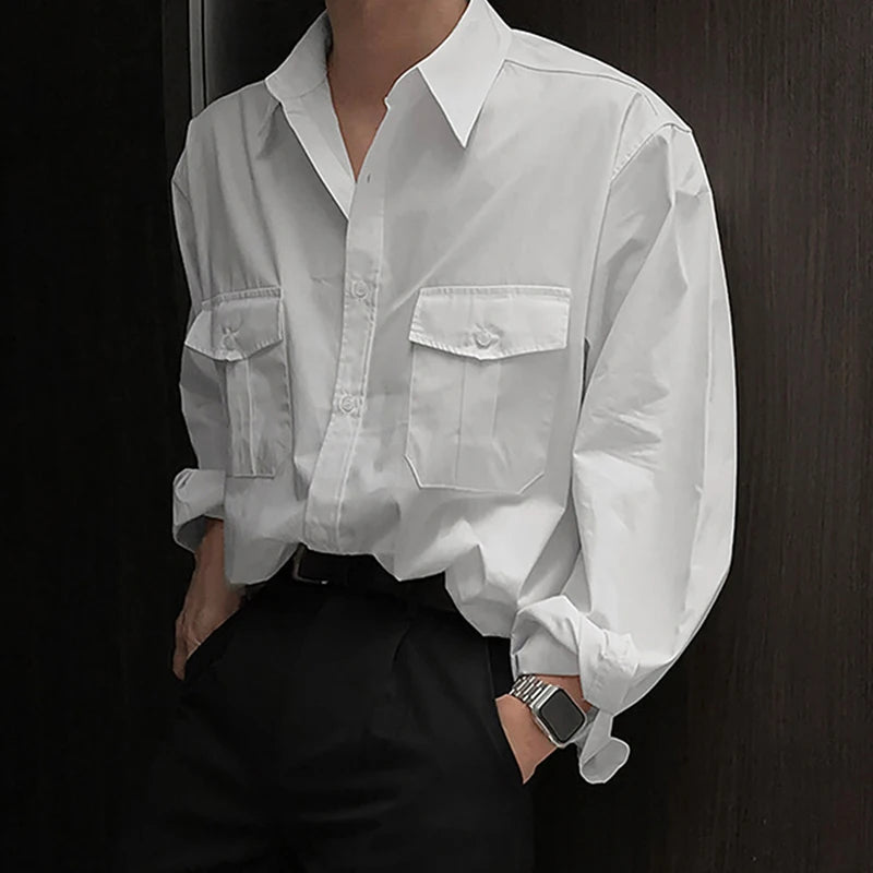 Men's Casual Long Sleeve Shirt - Big Pocket Design, Turn Down Collar, Single Breasted Solid Color Tops for Work & Everyday Wear | Style 9W1224