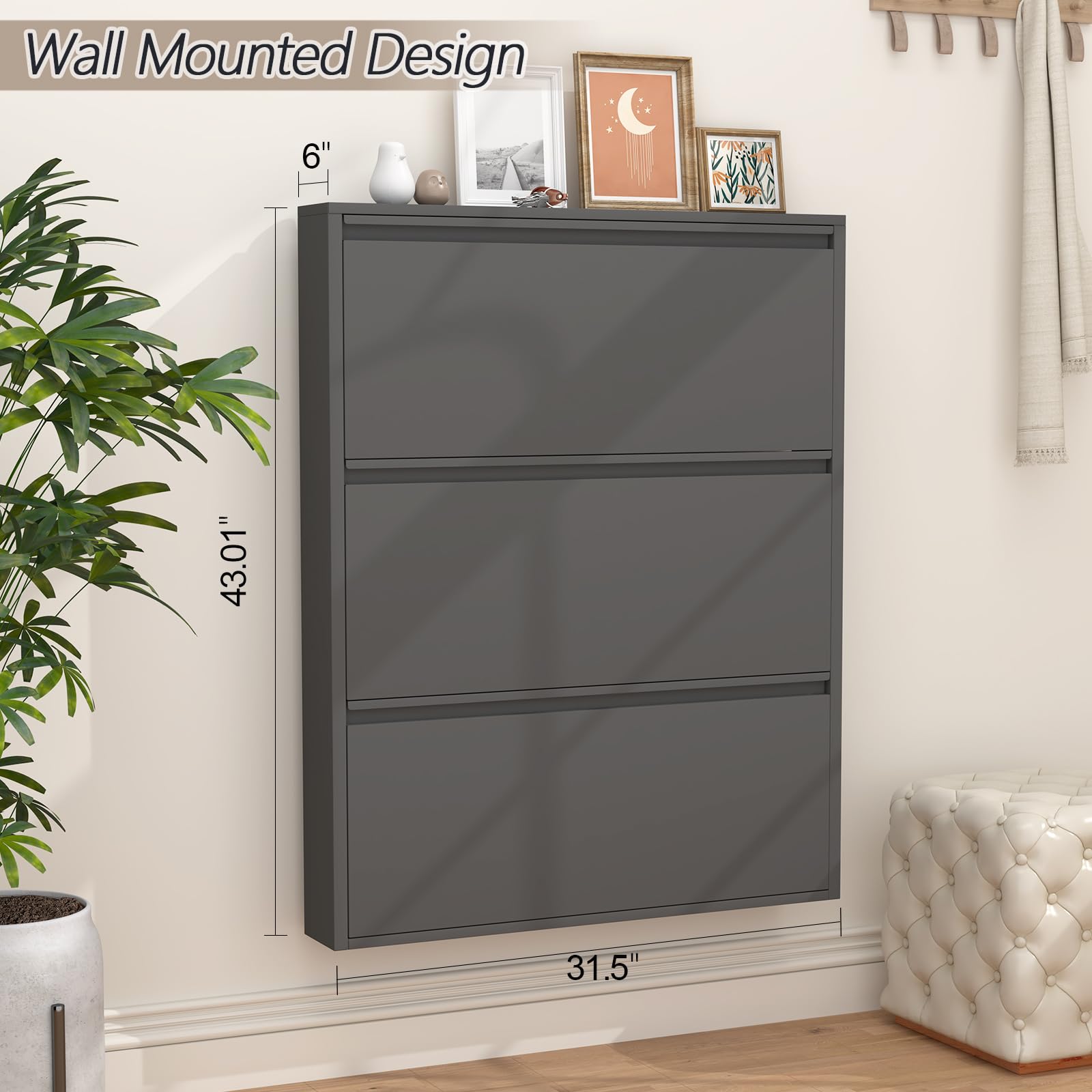 GREATMEET 3-Tier Wall Mounted Shoe Storage Cabinet with Flip Drawers - Space Saving Narrow Entryway Shoe Organizer for Closet, Hallway & Bedroom - Black Slim Shoe Rack for Small Spaces