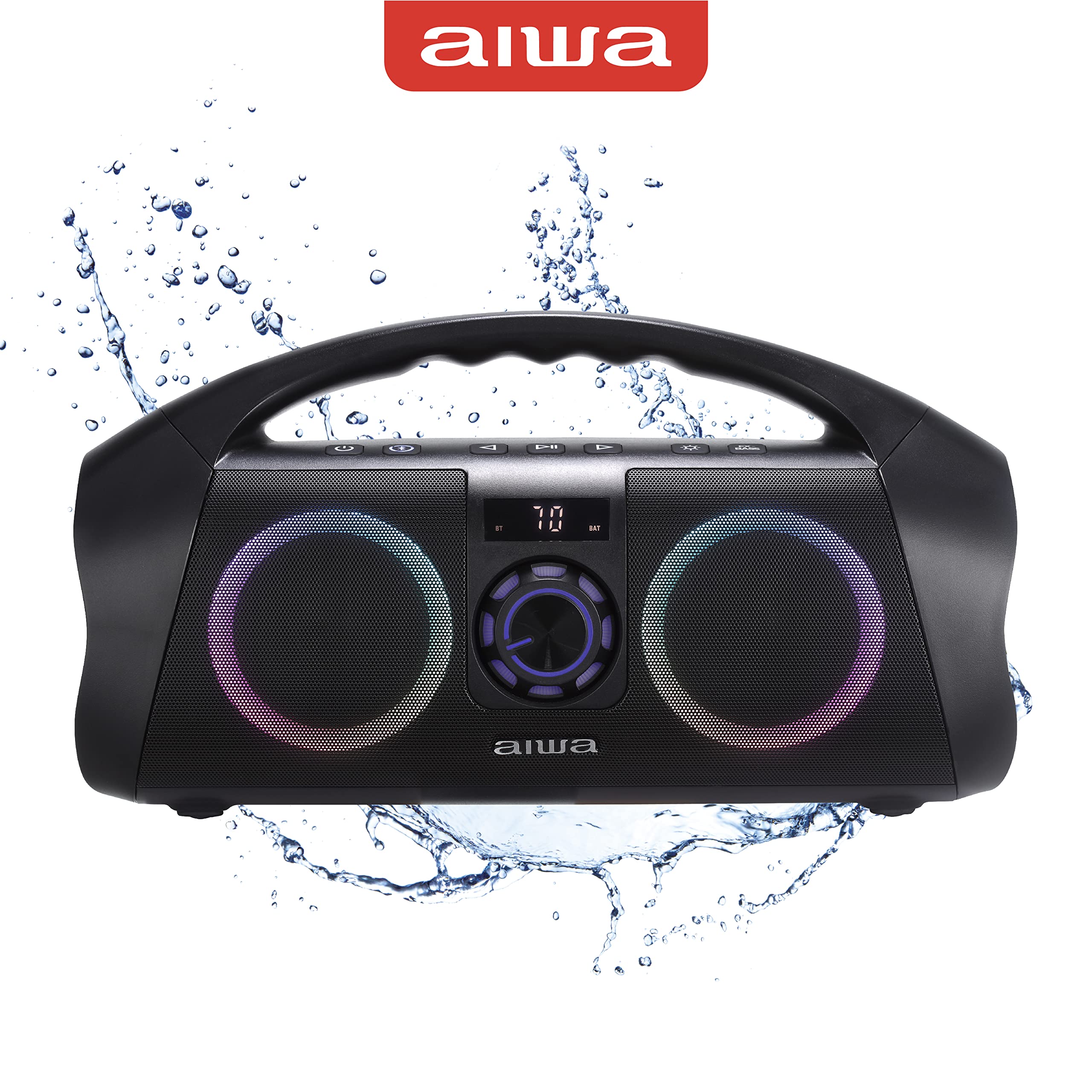 AIWA Waterproof Bluetooth Boombox Speaker - Portable Wireless Speaker with LED Lights, Digital Display, AUX Input & 15H Playtime - Perfect for Pool Parties, Beach Outings & Outdoor Adventures