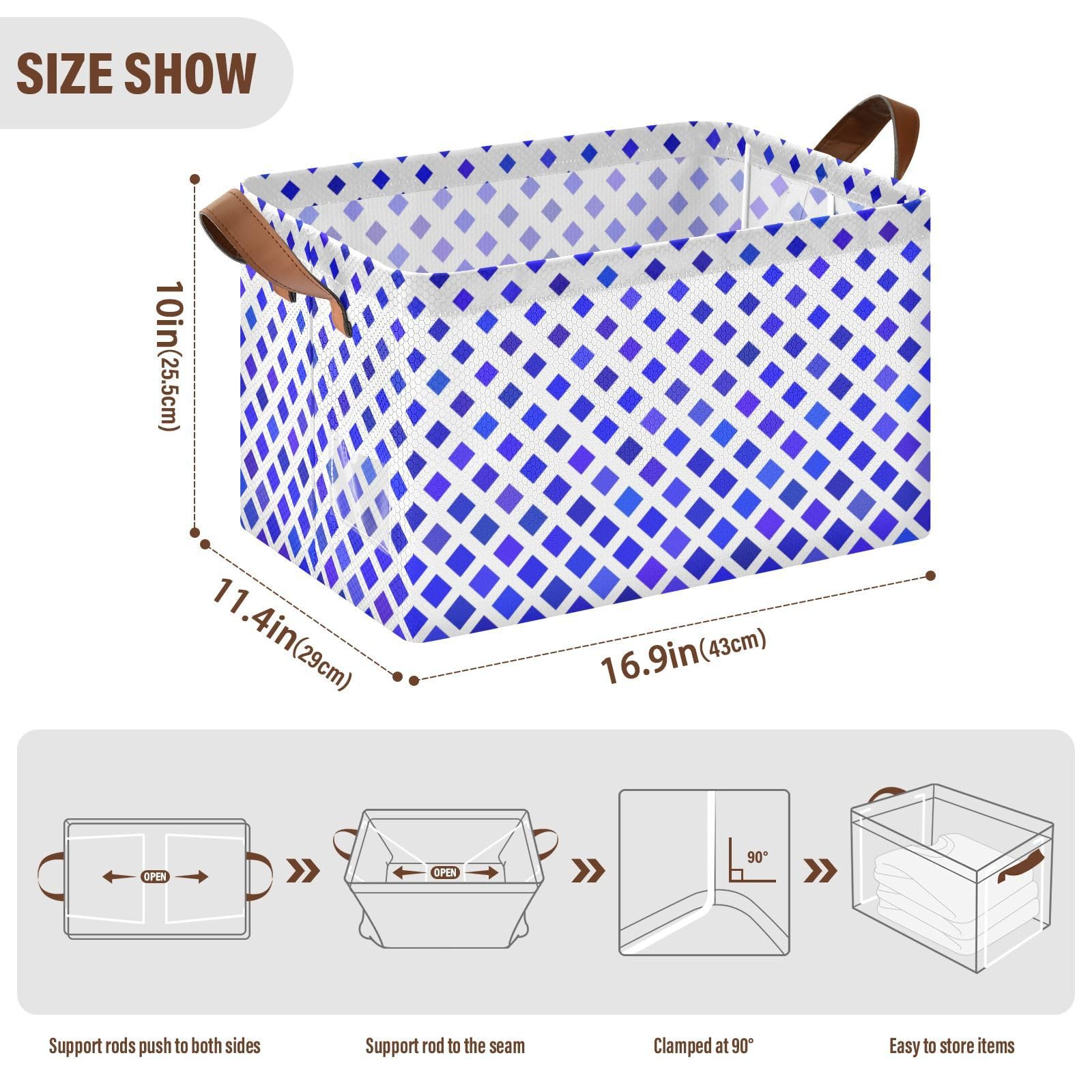 Blue Plaid Storage Baskets with Handles - 2 Pack for Closet, Playroom & Office