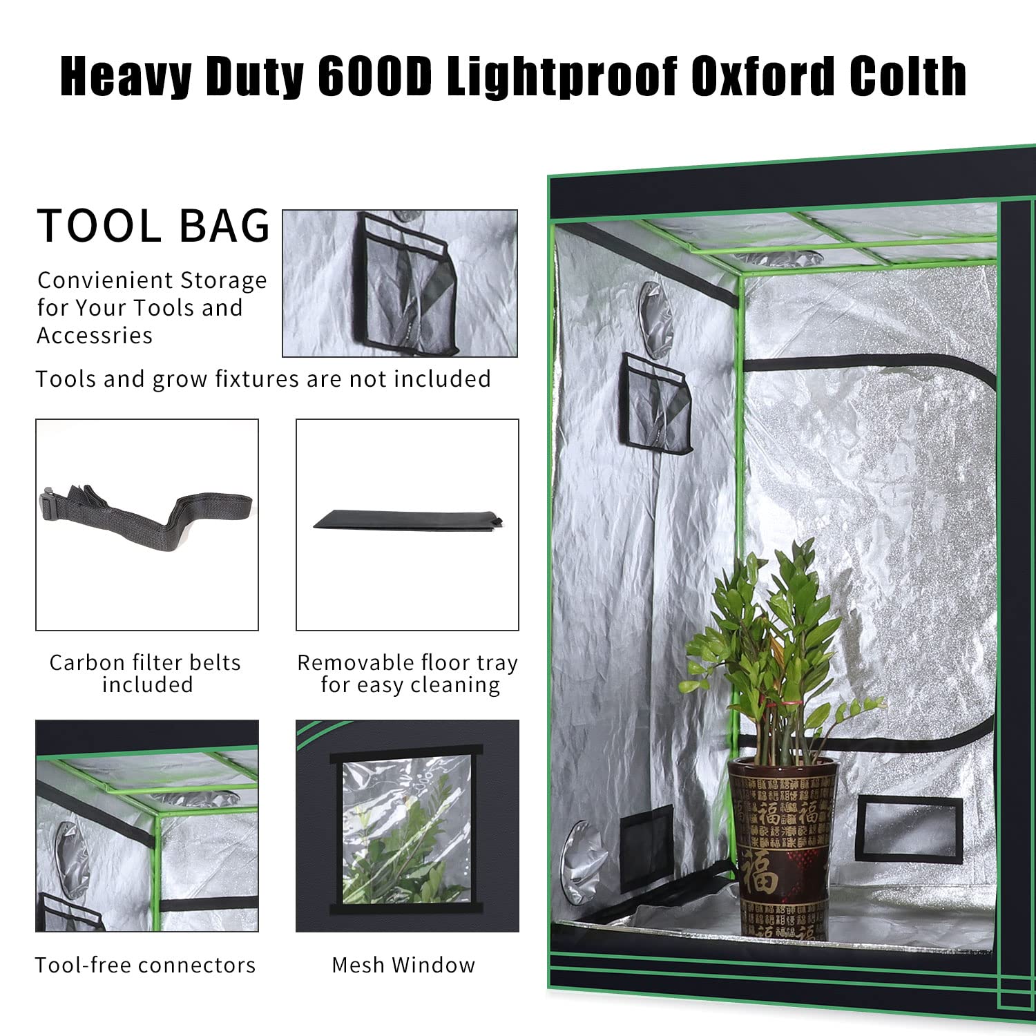 600D Mylar Reflective 60x60x80 Inch Hydroponic Grow Tent - Indoor Plant Greenhouse with Observation Window & Removable Floor Tray for Vegetables, Flowers, Herbs | Perfect for Home Gardening, Indoor Farming, and Hydroponic Systems